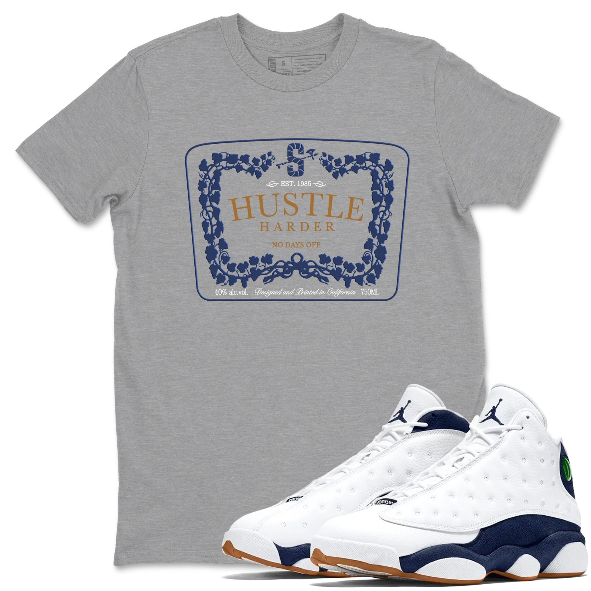 13s Midnight Navy shirts to match jordans Hustle Harder sneaker match tees Air Jordan 13 Midnight Navy SNRT Sneaker Release Tees unisex cotton Heather Grey 1 crew neck shirts