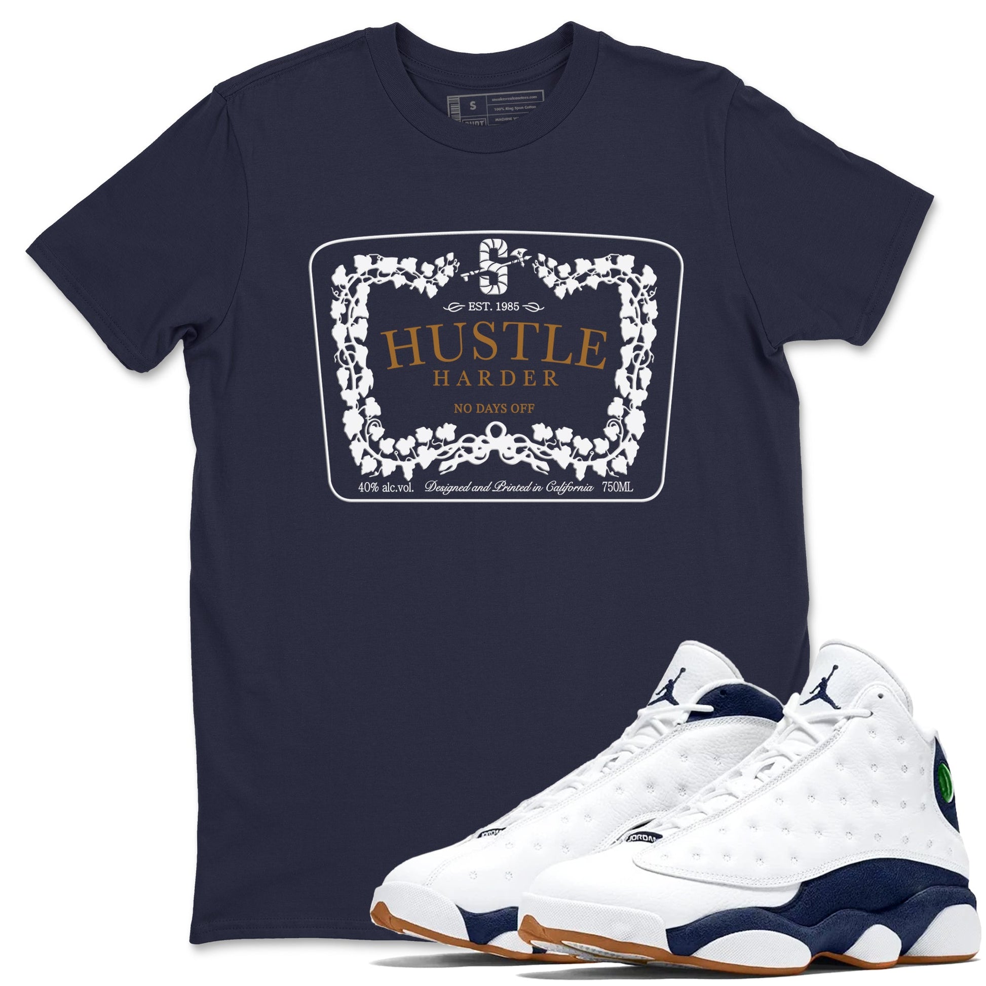 13s Midnight Navy shirts to match jordans Hustle Harder sneaker match tees Air Jordan 13 Midnight Navy SNRT Sneaker Release Tees unisex cotton Navy 1 crew neck shirts