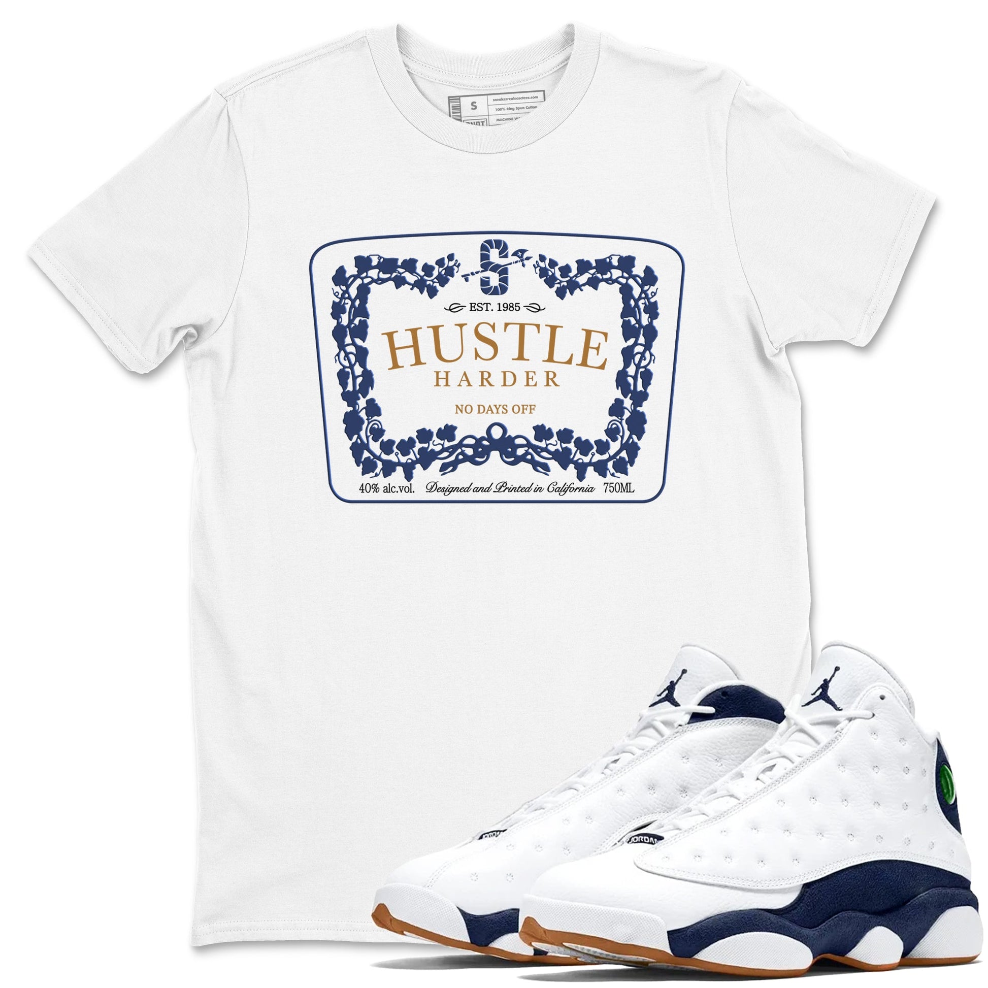 13s Midnight Navy shirts to match jordans Hustle Harder sneaker match tees Air Jordan 13 Midnight Navy SNRT Sneaker Release Tees unisex cotton White 1 crew neck shirts