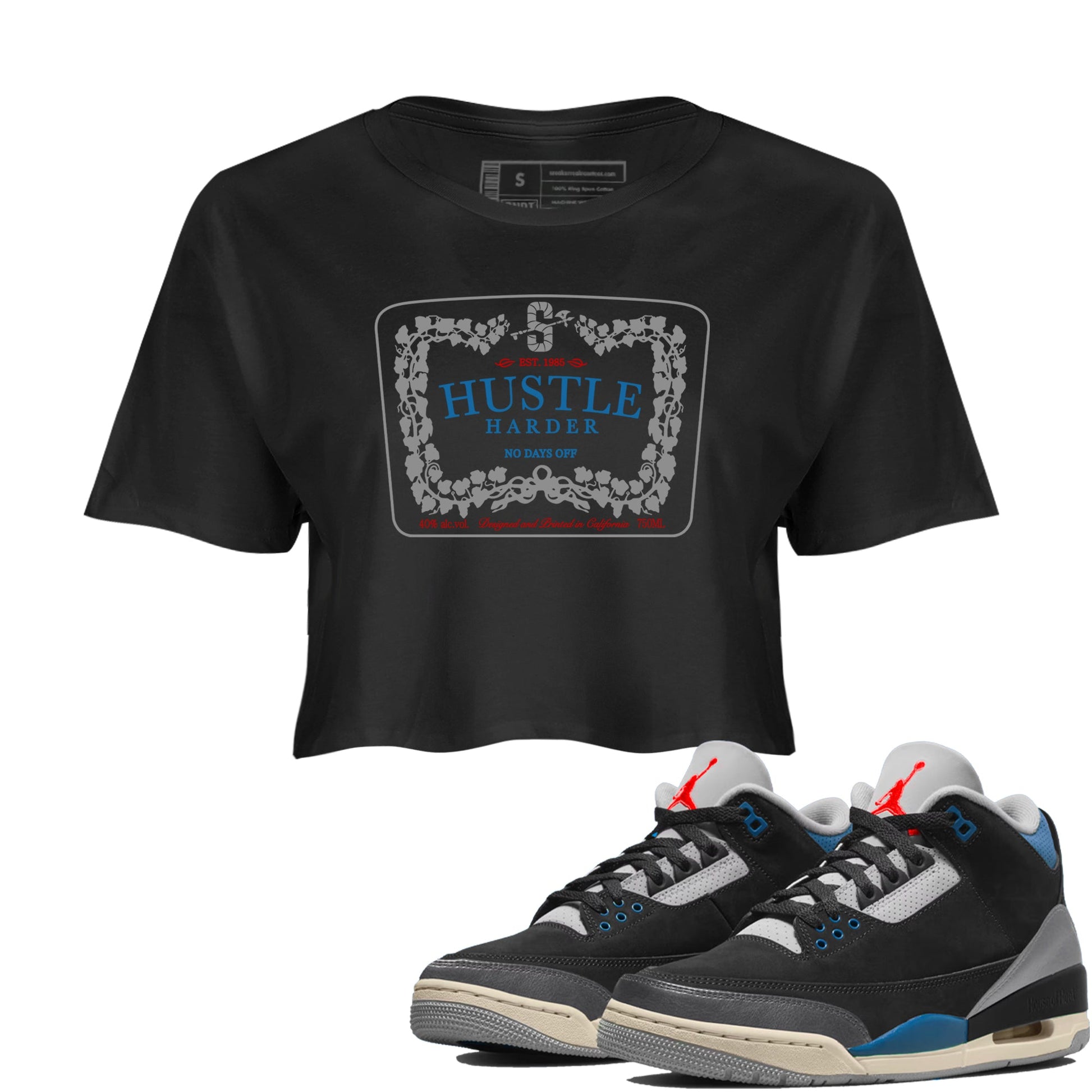 3s Rare Air shirts to match jordans Hustle Harder best t shirts to wear with jordans Air Jordan 3 OG Rare Air match shoes to clothes SNRT Sneaker Tees unisex cotton Black 1 crop tee