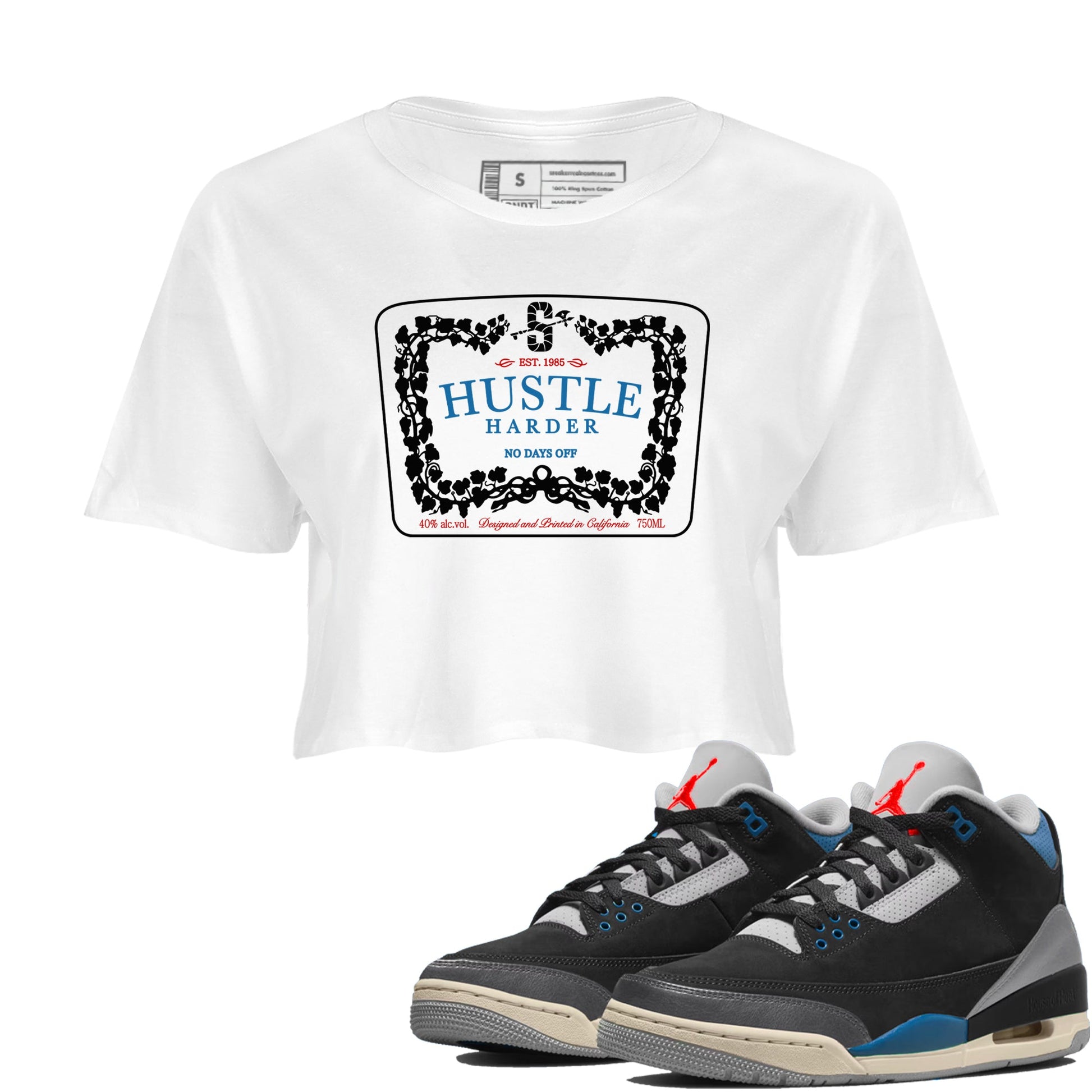3s Rare Air shirts to match jordans Hustle Harder best t shirts to wear with jordans Air Jordan 3 OG Rare Air match shoes to clothes SNRT Sneaker Tees unisex cotton White 1 crop tee