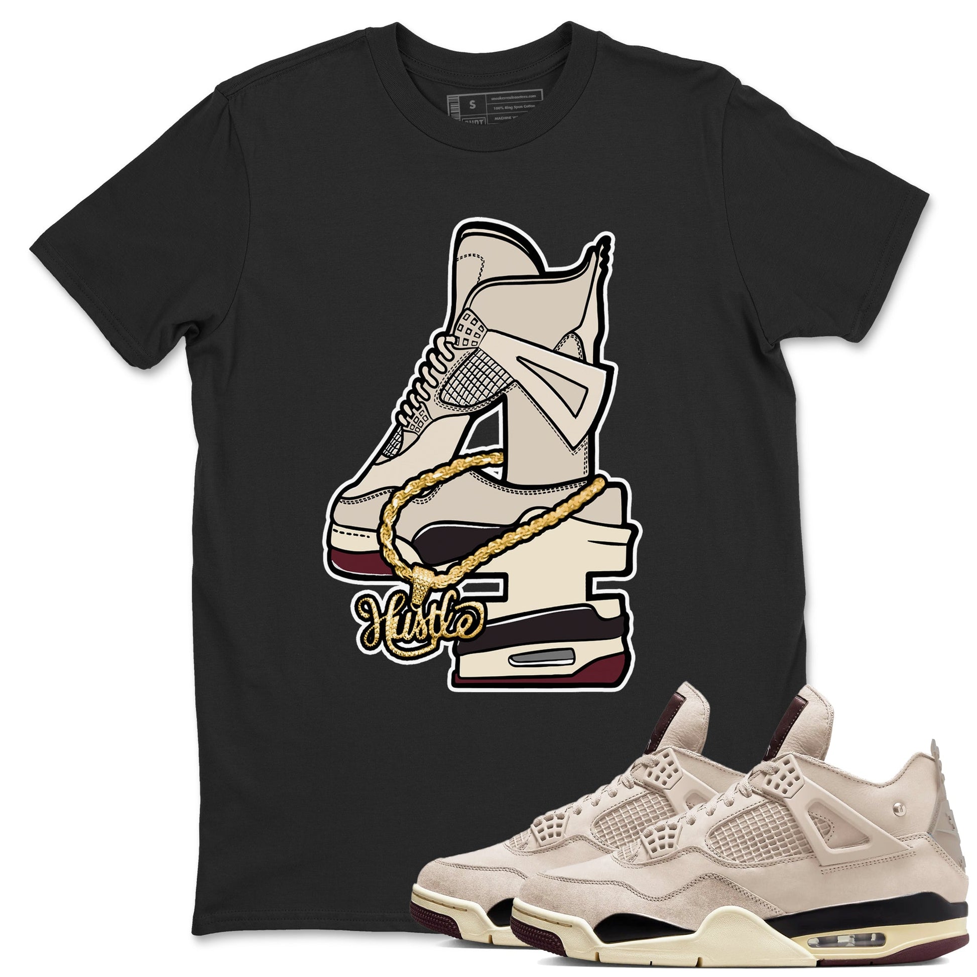 4s A Ma Maniere x Fossil Stone shirts to match jordans Hustle Number 4 sneaker match tees A Ma Maniere x Air Jordan 4 Fossil Stone SNRTSneaker Release Tees unisex cotton Black 1 crew neck shirts