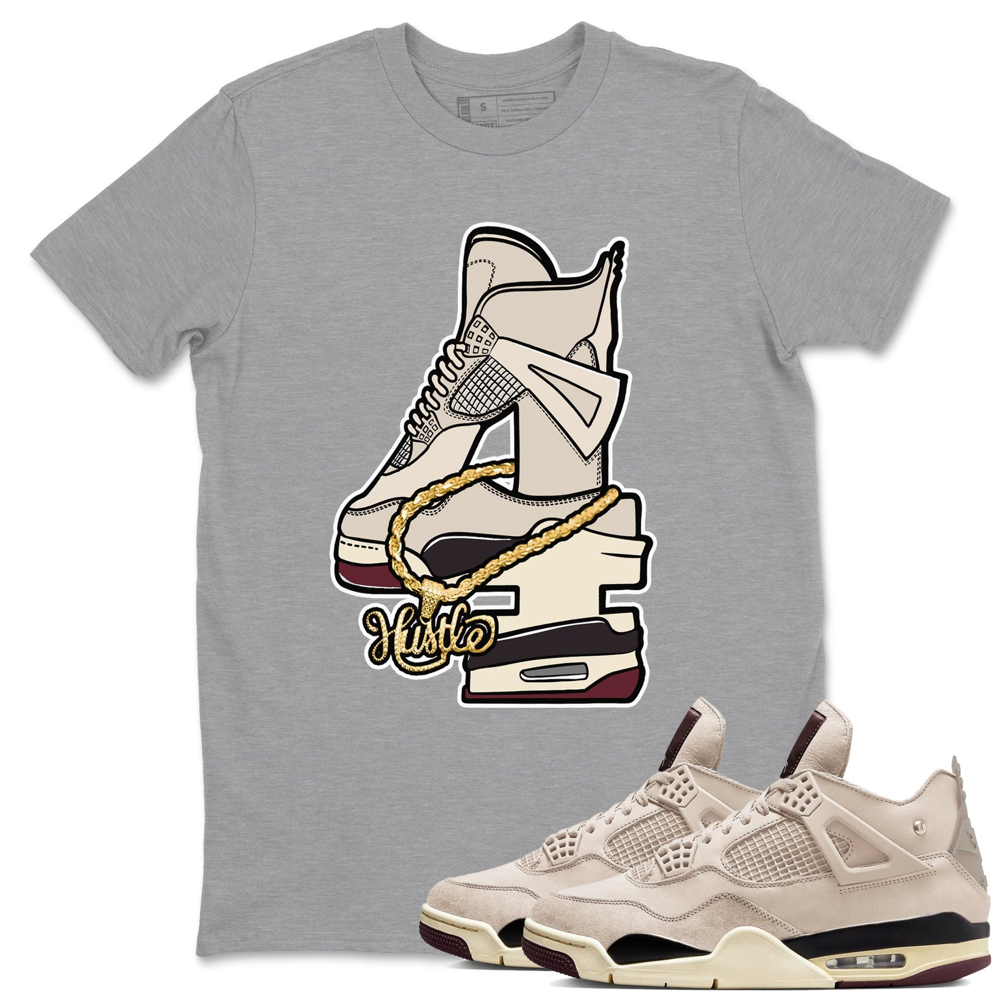 4s A Ma Maniere x Fossil Stone shirts to match jordans Hustle Number 4 sneaker match tees A Ma Maniere x Air Jordan 4 Fossil Stone SNRTSneaker Release Tees unisex cotton Heather Grey 1 crew neck shirts