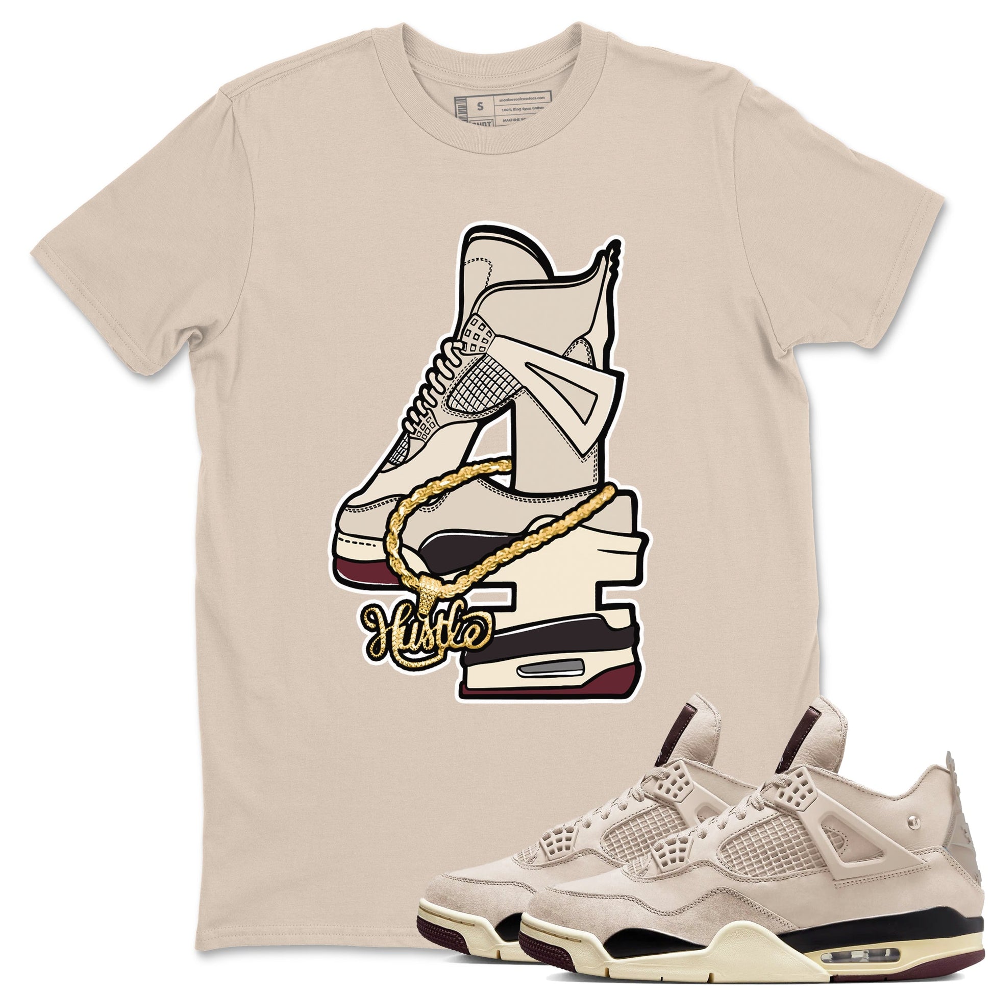 4s A Ma Maniere x Fossil Stone shirts to match jordans Hustle Number 4 sneaker match tees A Ma Maniere x Air Jordan 4 Fossil Stone SNRTSneaker Release Tees unisex cotton Sand 1 crew neck shirts