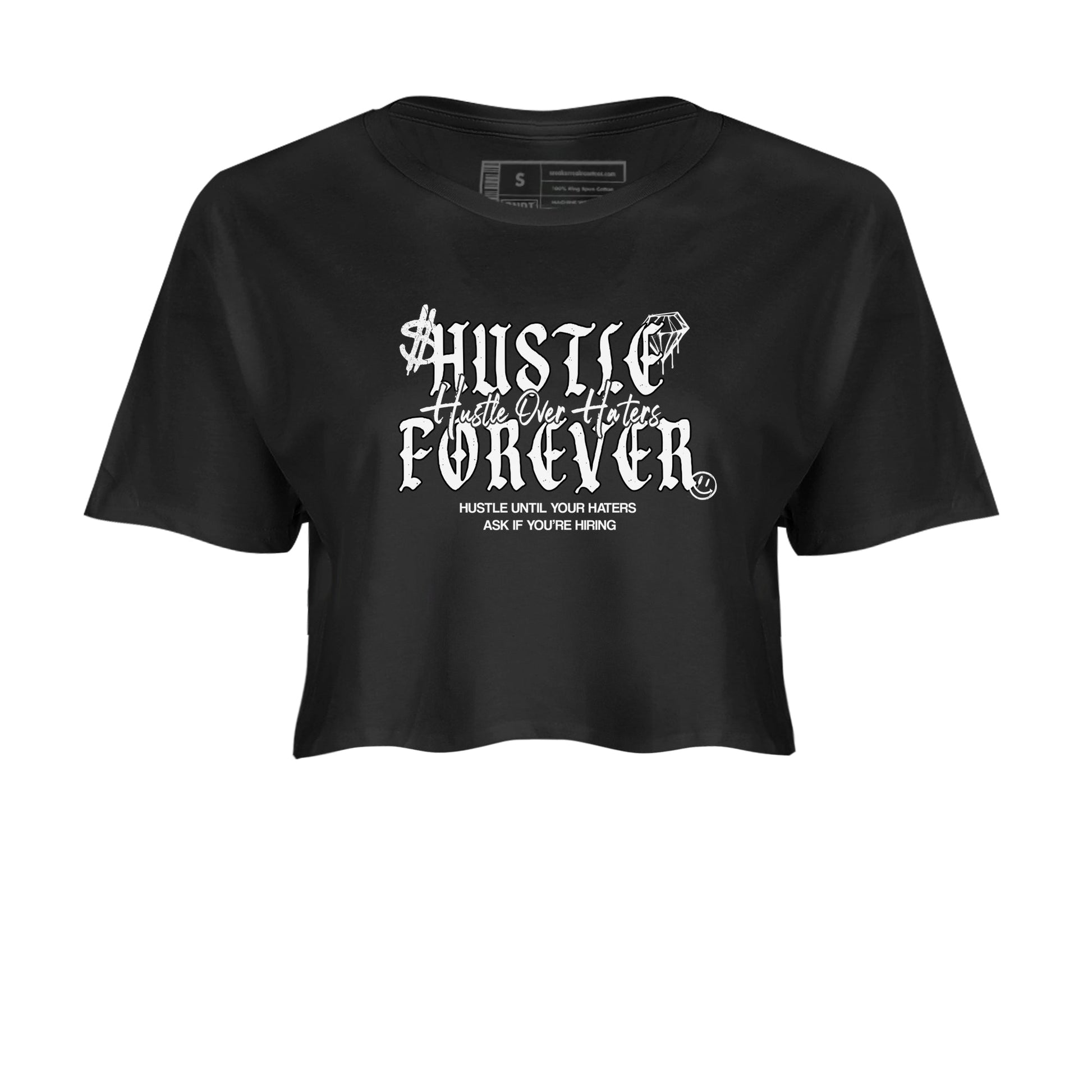 Hustle Over Haters womens crop tee made to vibe with the Air Foamposite One Triple White sneakers — the perfect match in Black 2.