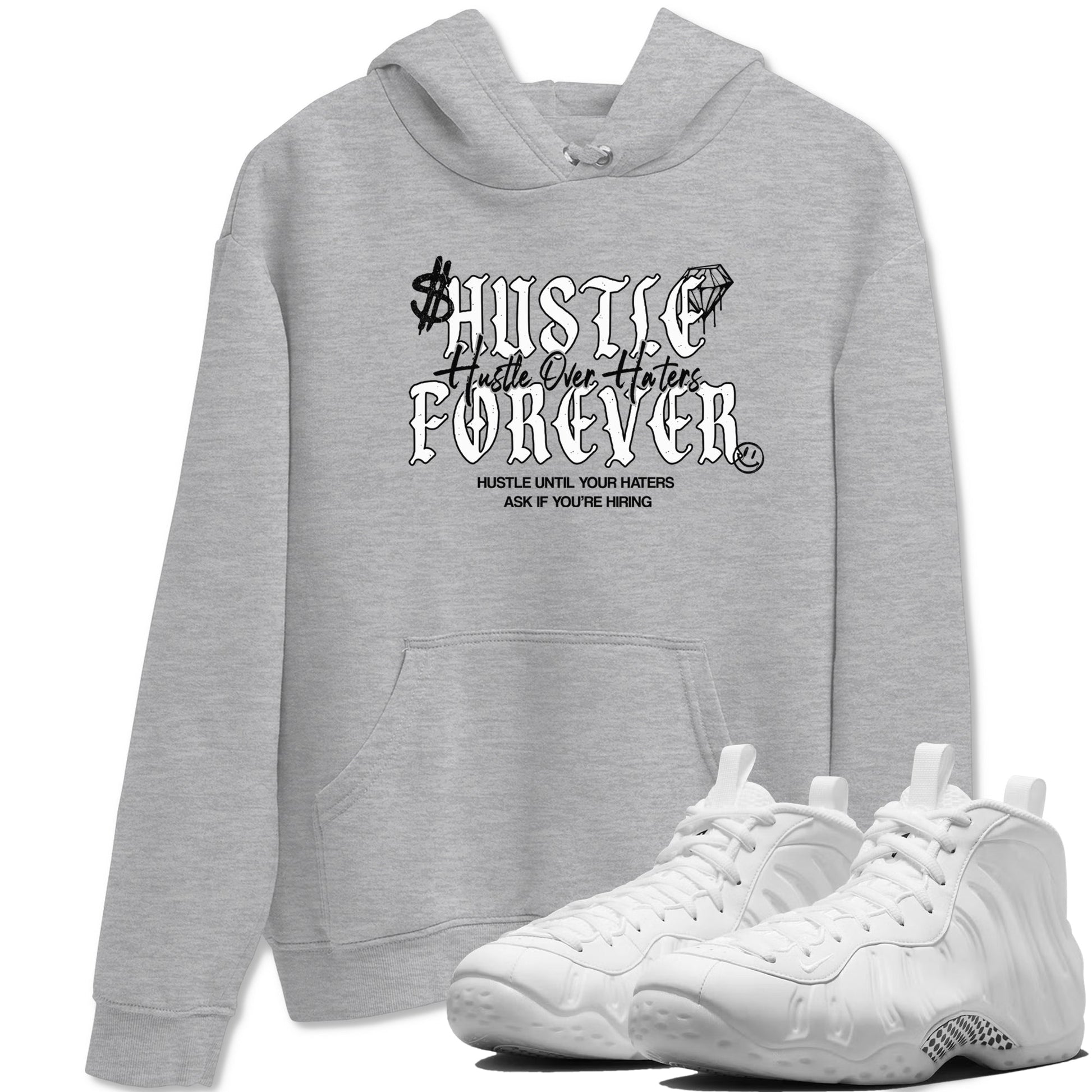 Hustle Over Haters sneaker match t-shirt styled to complete your fit with the Air Foamposite One Triple White sneakers, shown in Heather Grey 1.