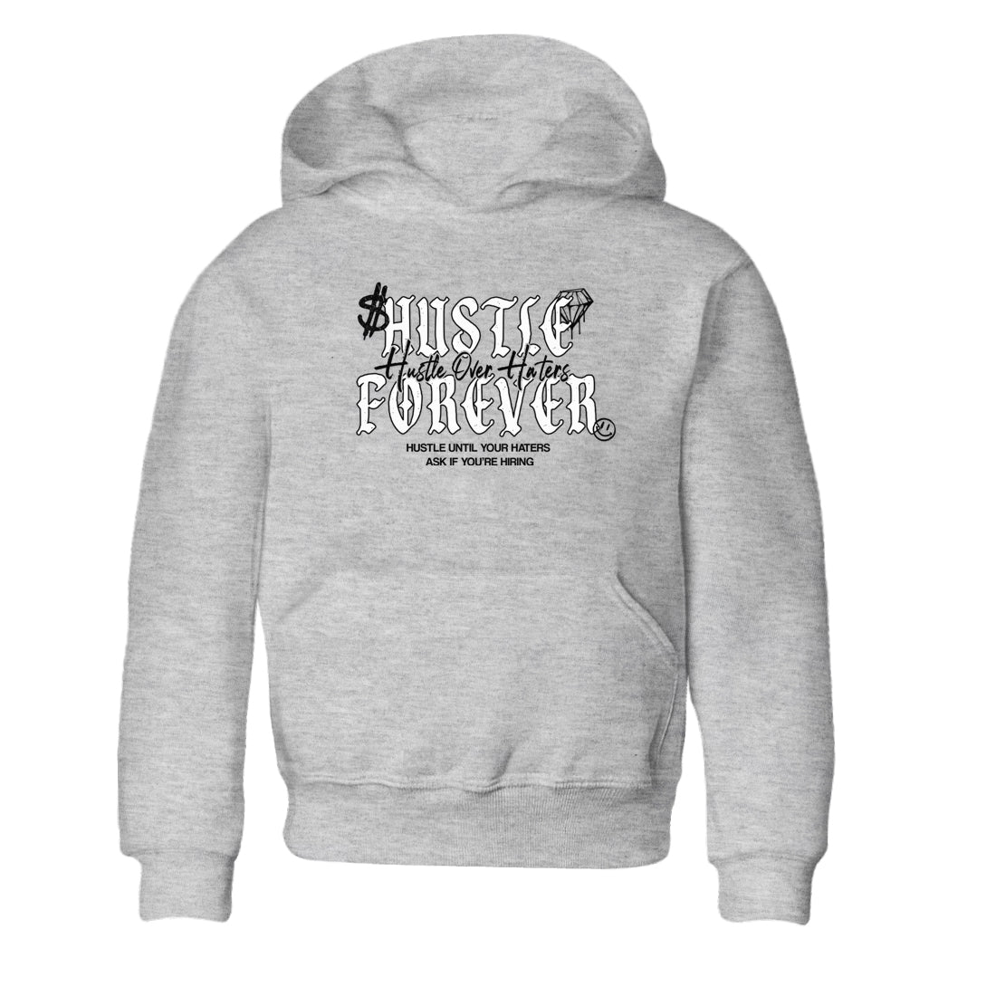 Hustle Over Haters baby and kids t-shirt crafted for little sneakerheads to shine with the Air Foamposite One Triple White sneakers, displayed in Heather Grey 2.