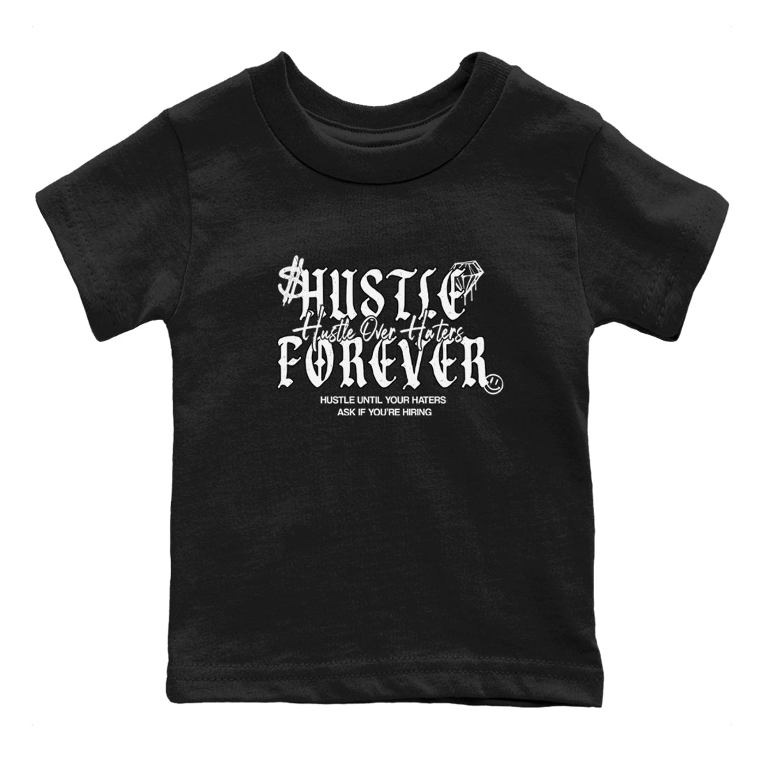 Hustle Over Haters baby and kids t-shirt crafted for little sneakerheads to shine with the Air Foamposite One Triple White sneakers, displayed in Black 2.