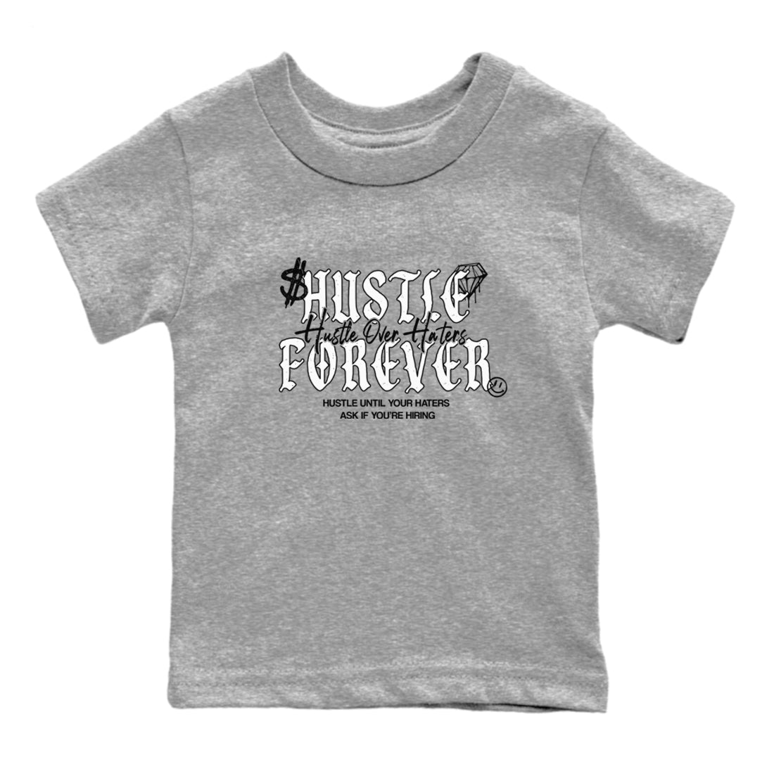 Hustle Over Haters baby and kids t-shirt crafted for little sneakerheads to shine with the Air Foamposite One Triple White sneakers, displayed in Heather Grey 2.