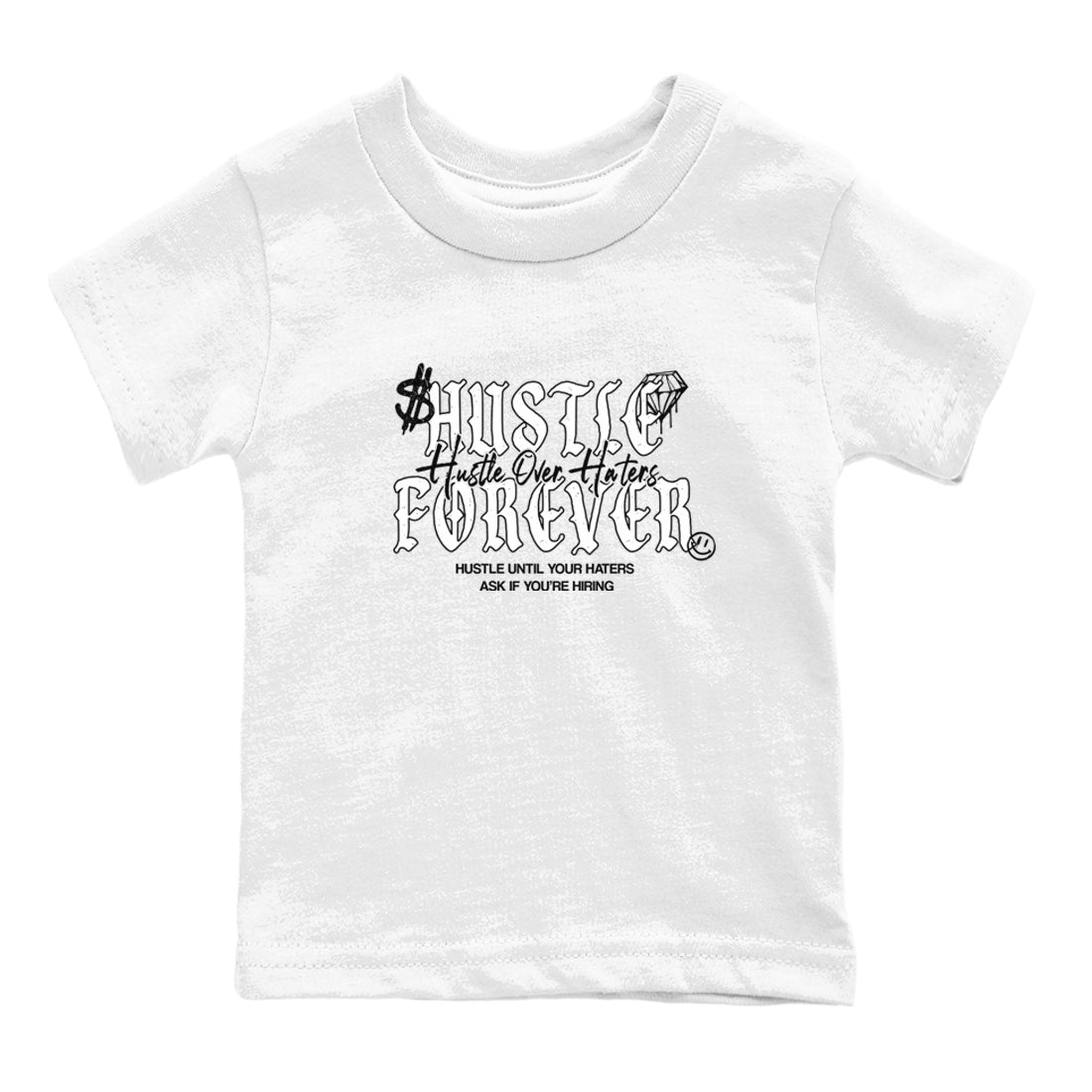 Hustle Over Haters baby and kids t-shirt crafted for little sneakerheads to shine with the Air Foamposite One Triple White sneakers, displayed in White 2.