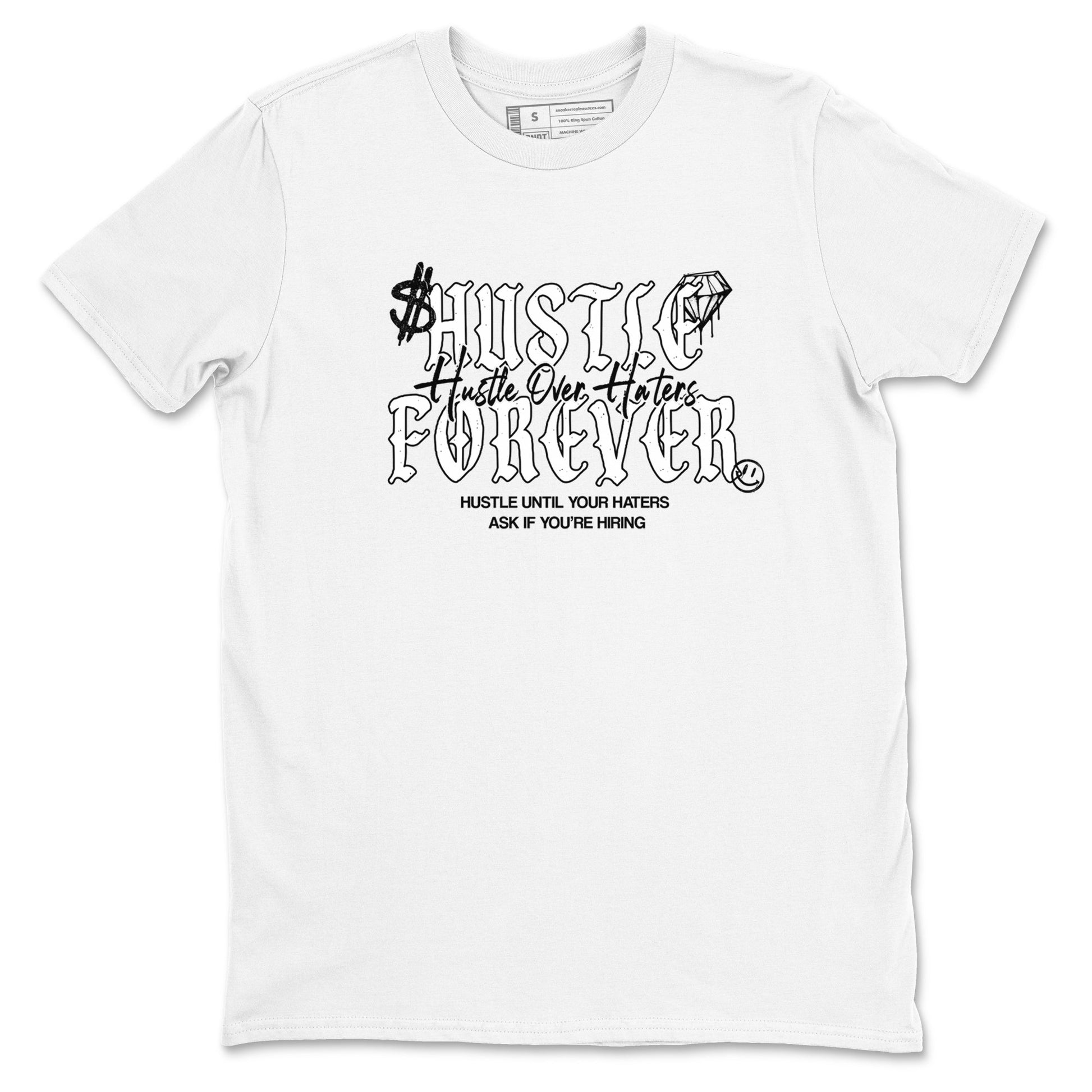 Hustle Over Haters sneaker match t-shirt styled to complete your fit with the Air Foamposite One Triple White sneakers, shown in White 2.