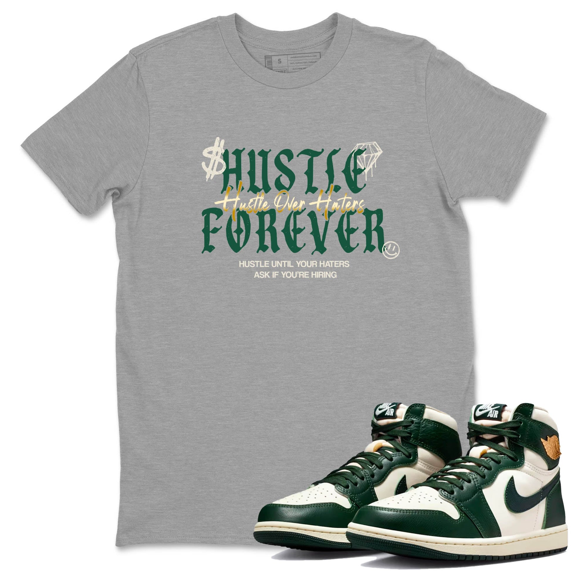 Sneaker Threads – Sneaker Tees To Match Air Jordan 1 Pro Green – Hustle Over haters Graphic Tee Heather Grey 1. Perfect for Jordan releases 2025 colorways.