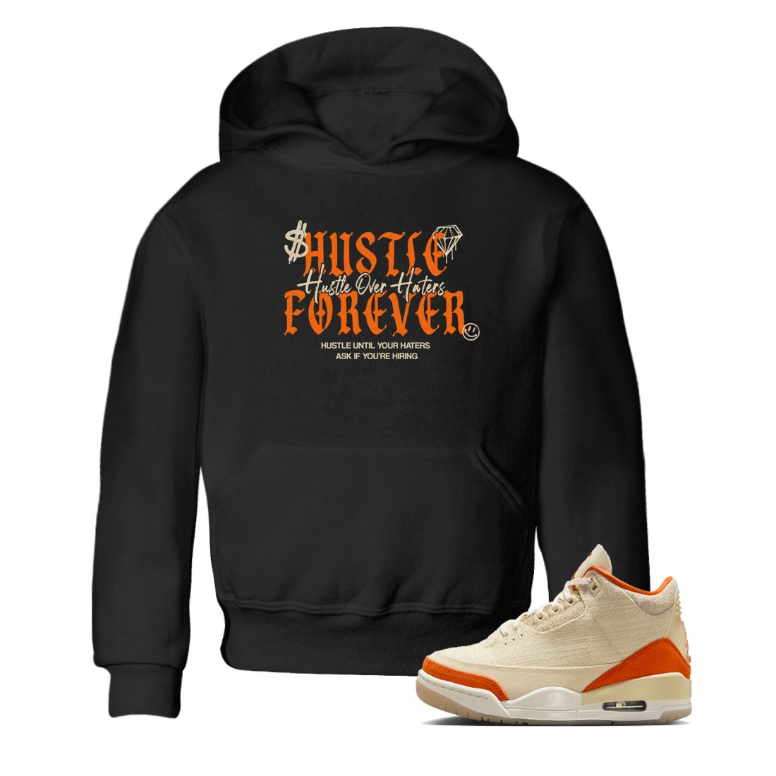 Hustle Over Haters baby and kids t-shirt crafted for little sneakerheads to shine with the Air Jordan 3 Starfish sneakers, displayed in Black 1.