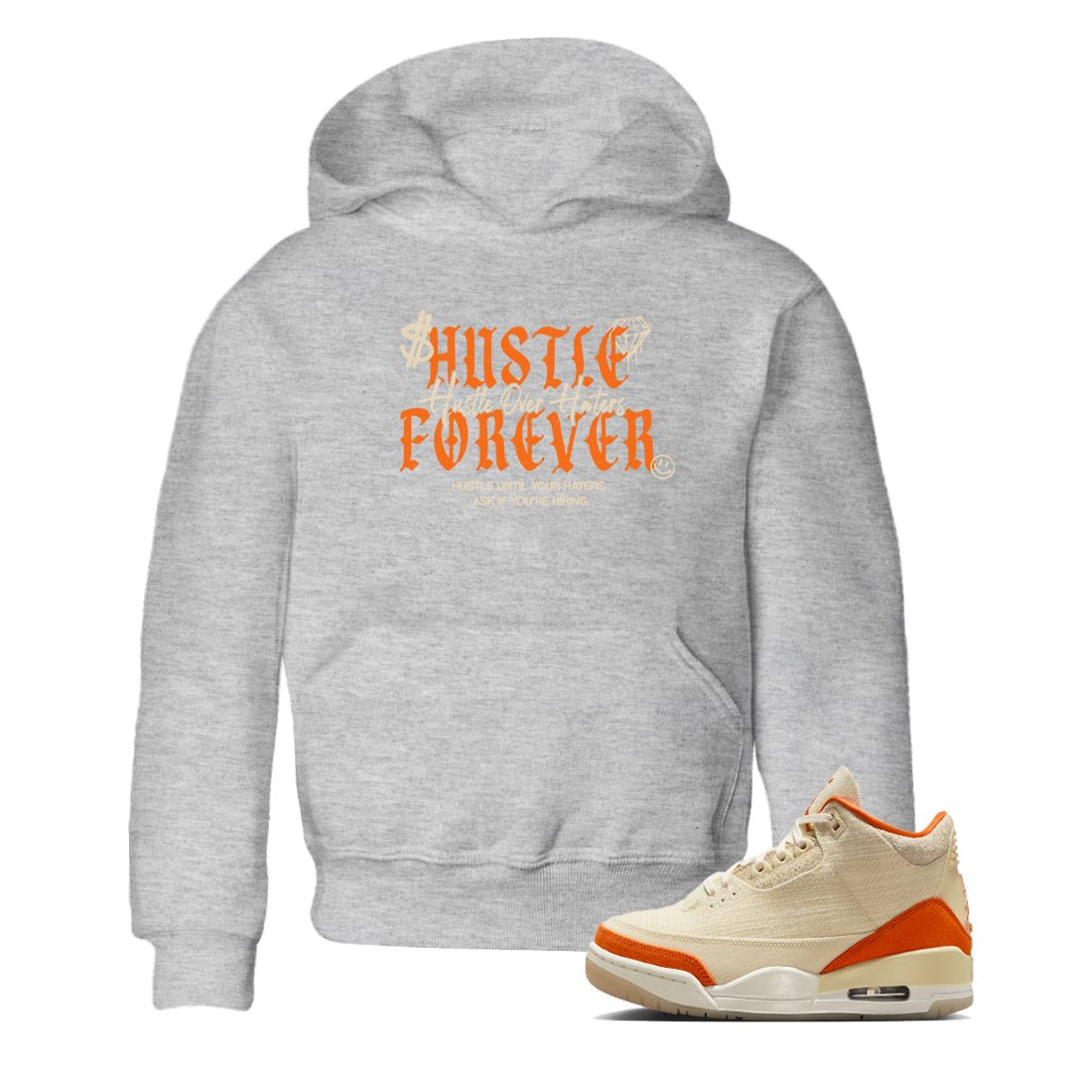 Hustle Over Haters baby and kids t-shirt crafted for little sneakerheads to shine with the Air Jordan 3 Starfish sneakers, displayed in Heather Grey 1.