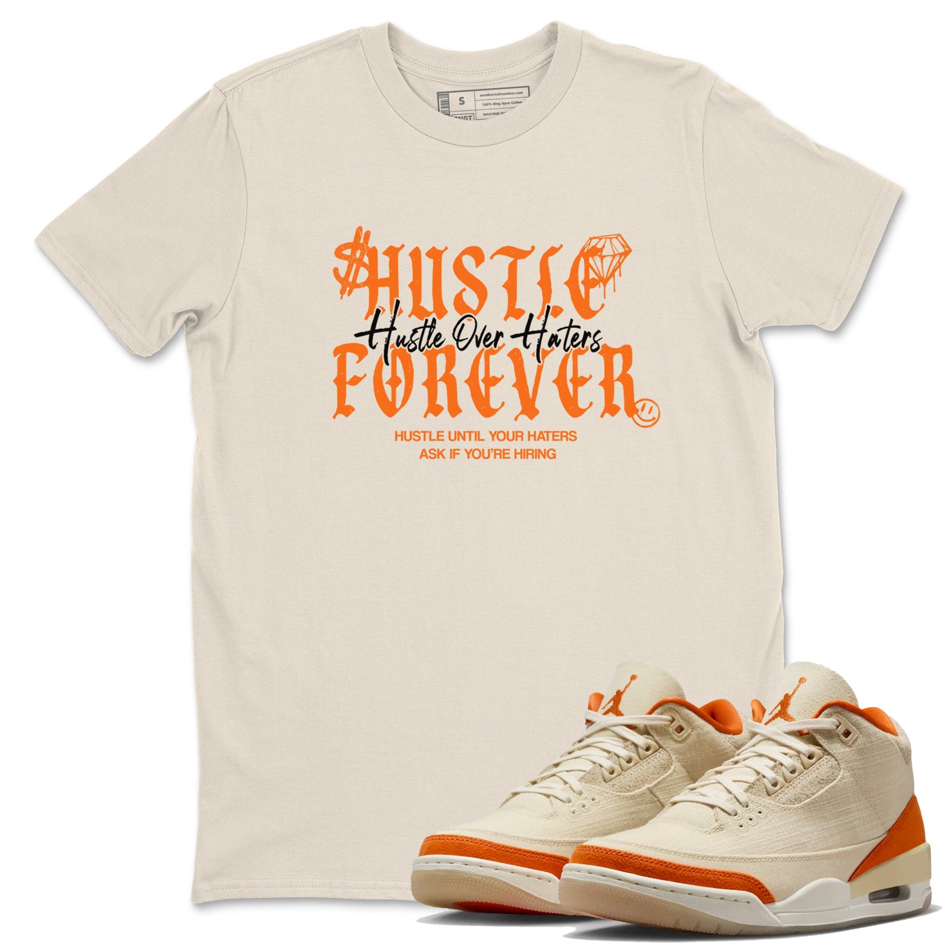 Hustle Over Haters sneaker match t-shirt styled to complete your fit with the Air Jordan 3 Starfish sneakers, shown in Natural 1.