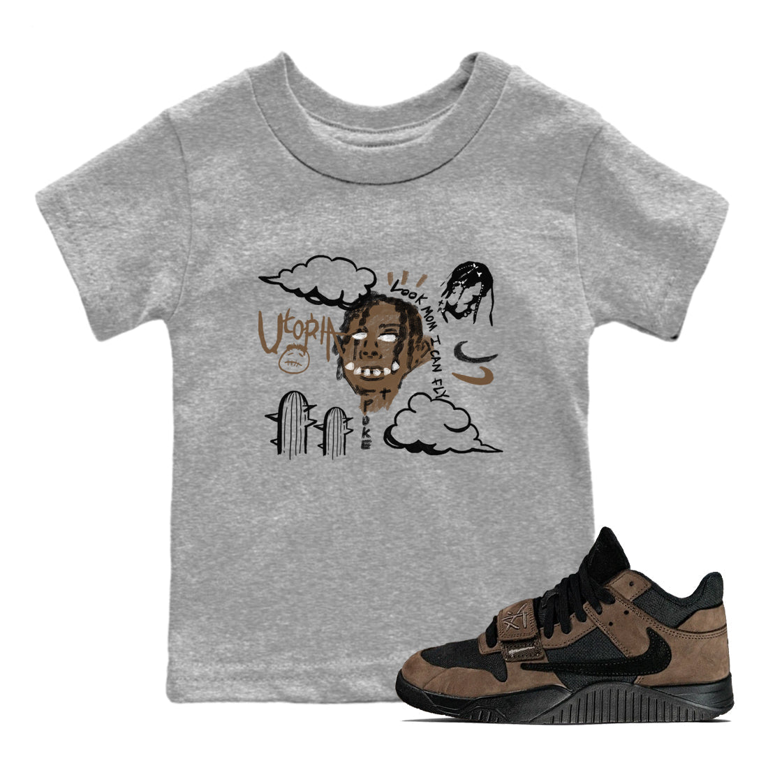 Jordan Jumpman Jack Travis Scott Dark Mocha shirts to match jordans I Can Fly sneaker match tees Jordan Jumpman Jack Travis Scott Dark Mocha SNRT Sneaker Tees streetwear brand Baby and Youth Heather Grey 1 cotton tee
