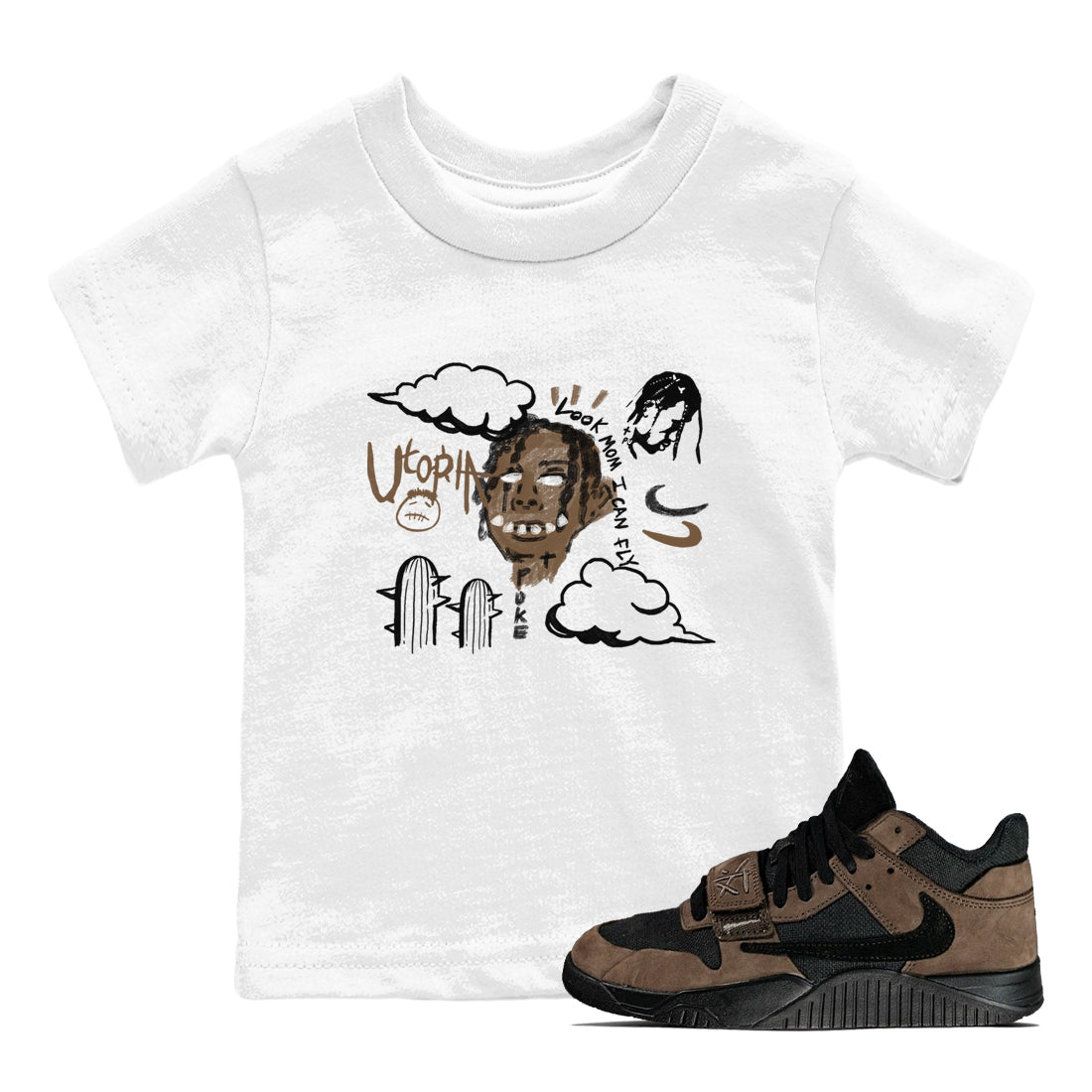 Jordan Jumpman Jack Travis Scott Dark Mocha shirts to match jordans I Can Fly sneaker match tees Jordan Jumpman Jack Travis Scott Dark Mocha SNRT Sneaker Tees streetwear brand Baby and Youth White 1 cotton tee