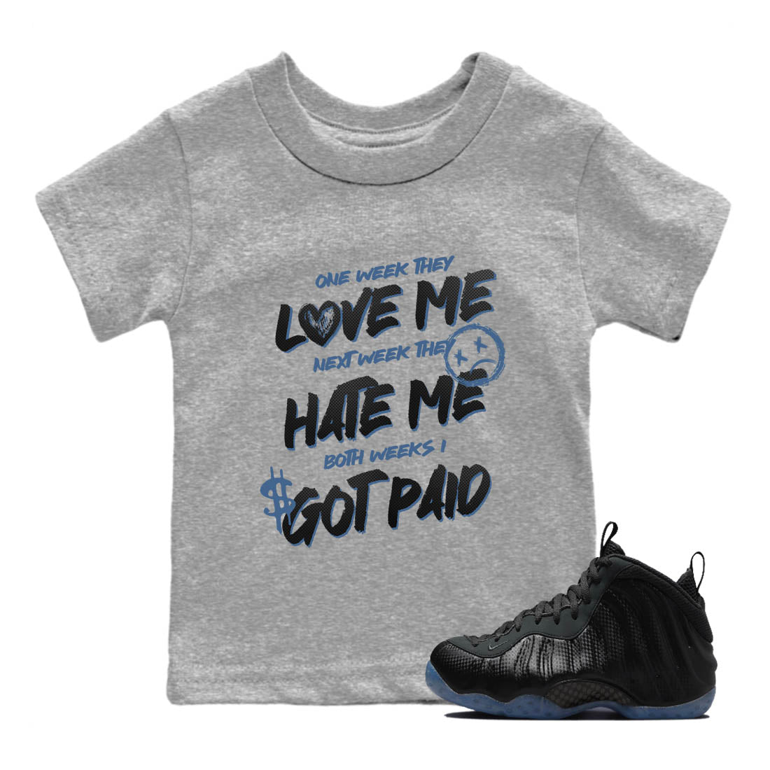 Sneaker Threads – Sneaker Tees To Match Air Foamposite One Carbon Fiber – I Got Paid Youth Graphic Tee Heather Grey 1. Perfect for Jordan releases 2025 colorways.