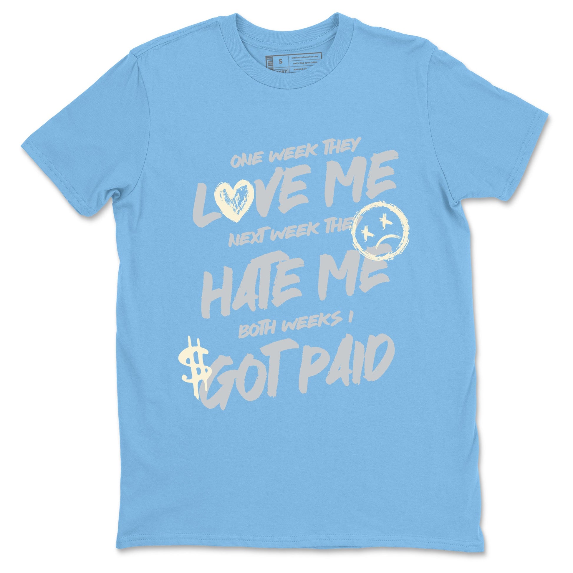 I Got Paid sneaker match t-shirt styled to complete your fit with the Air Jordan 1 UNC Reimagined sneakers, shown in Carolina Blue 2.