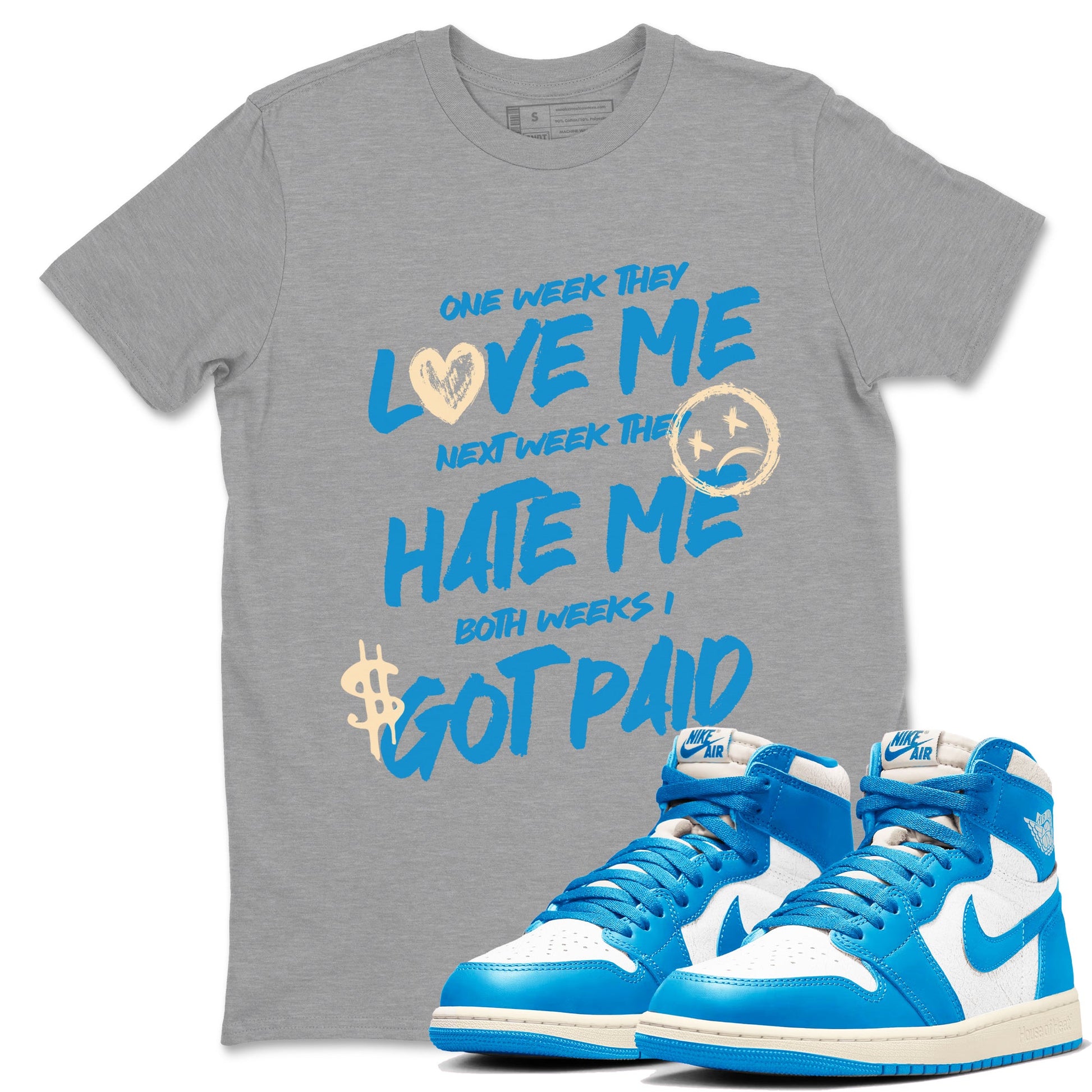 I Got Paid sneaker match t-shirt styled to complete your fit with the Air Jordan 1 UNC Reimagined sneakers, shown in Heather Grey 1.