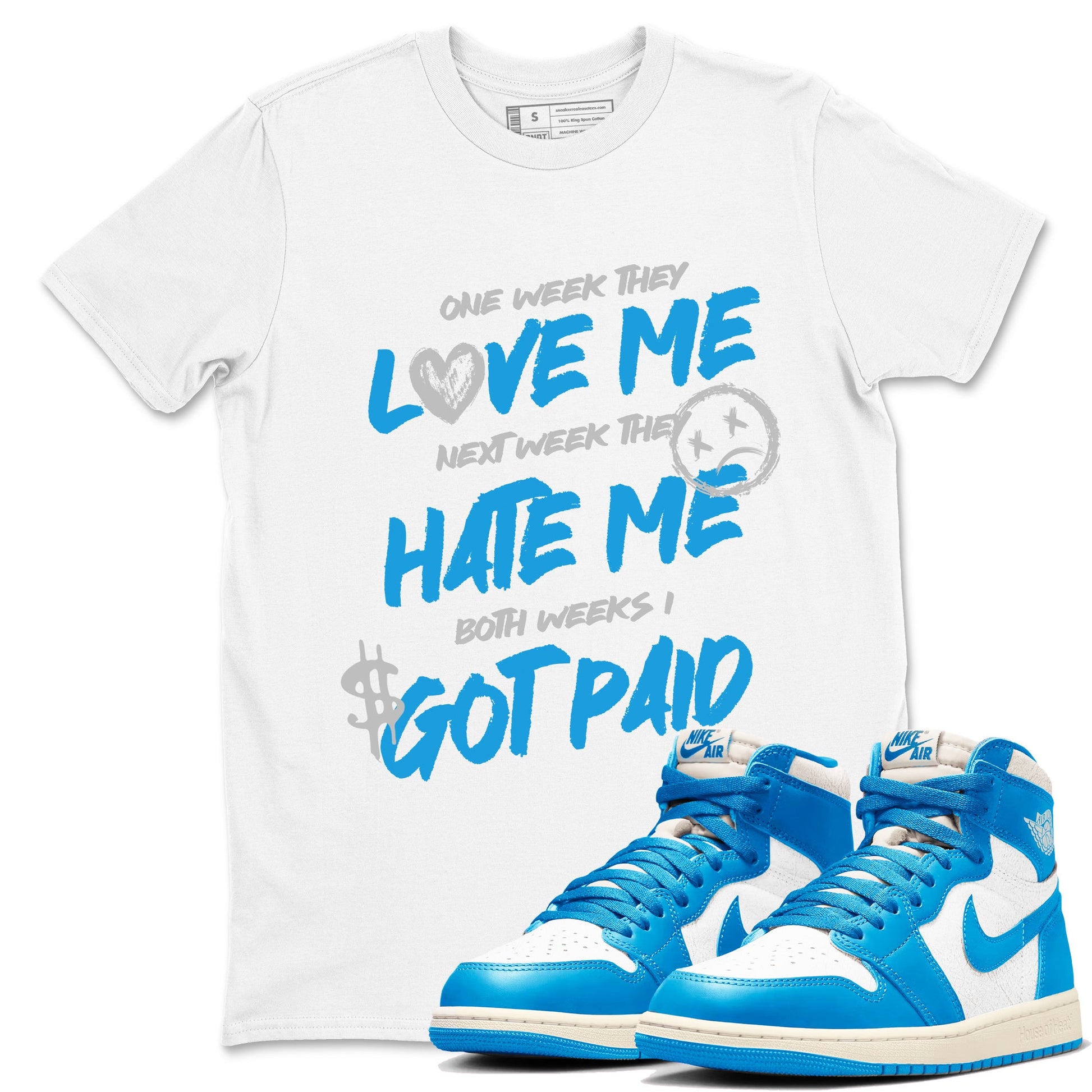 I Got Paid sneaker match t-shirt styled to complete your fit with the Air Jordan 1 UNC Reimagined sneakers, shown in White 1.