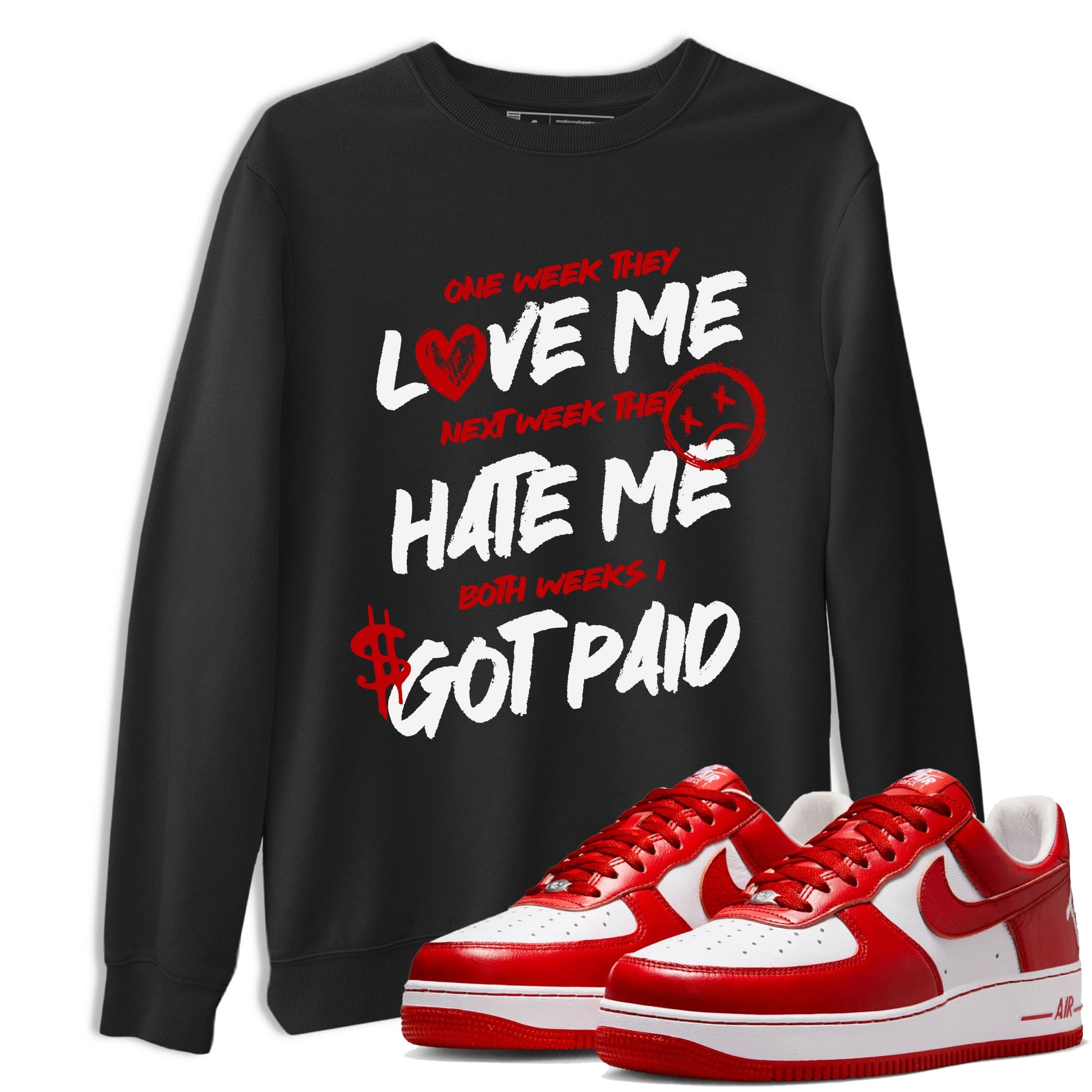 I Got Paid sneaker match t-shirt styled to complete your fit with the Air Jordan 1 University Red sneakers, shown in Black 1.