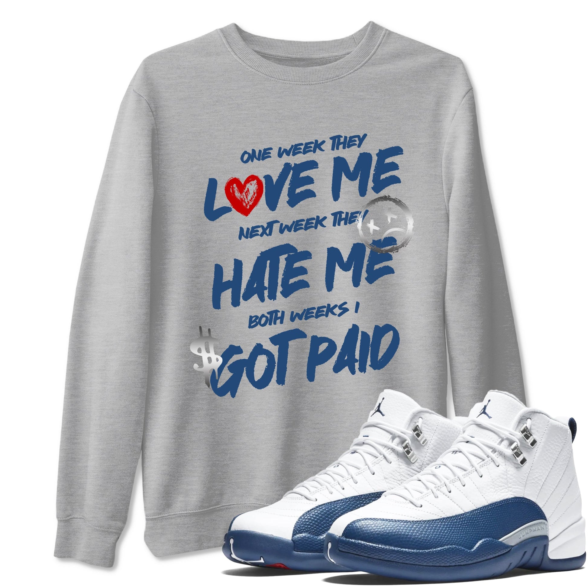 I Got Paid sneaker match t-shirt styled to complete your fit with the Air Jordan 12 French Blue sneakers, shown in Heather Grey 1.