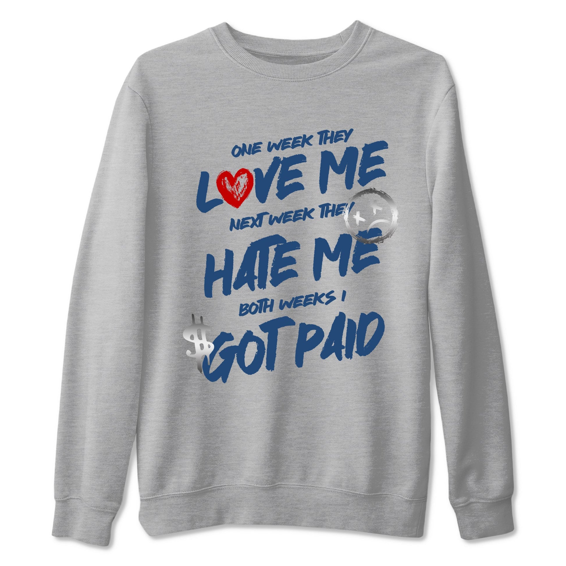 I Got Paid sneaker match t-shirt styled to complete your fit with the Air Jordan 12 French Blue sneakers, shown in Heather Grey 2.