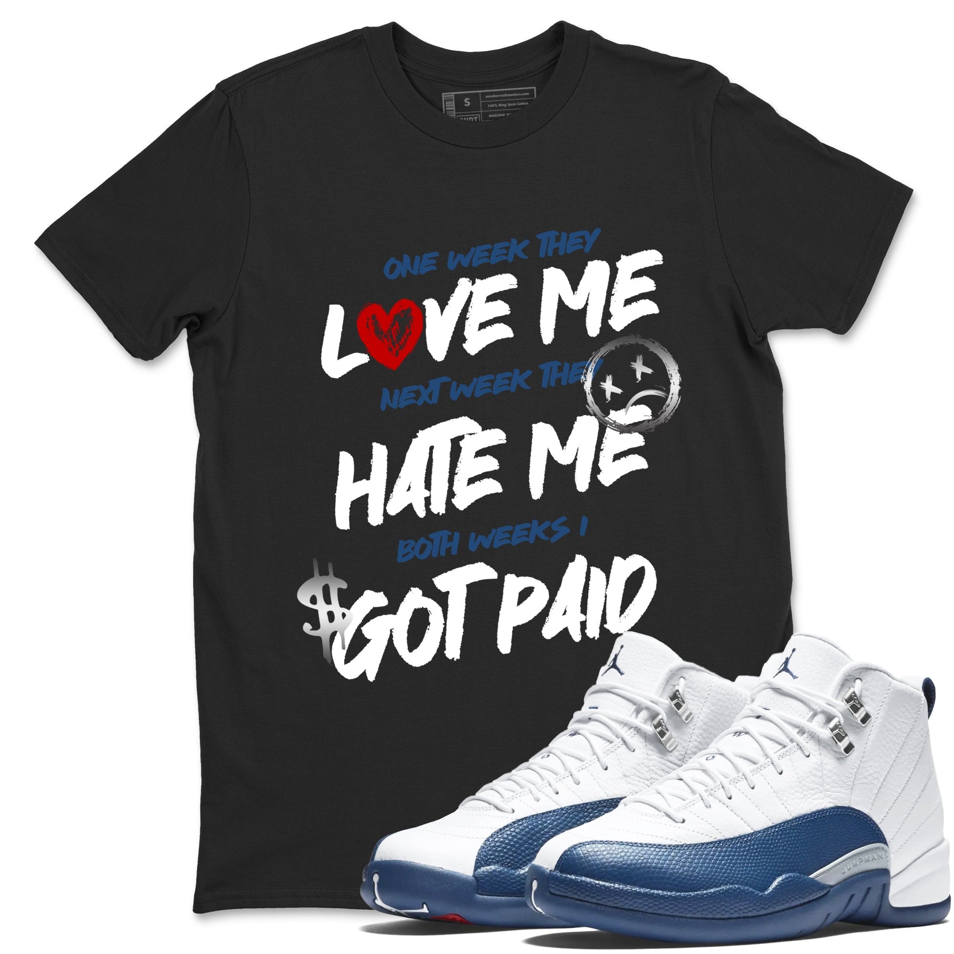 I Got Paid sneaker match t-shirt styled to complete your fit with the Air Jordan 12 French Blue sneakers, shown in Black 1.