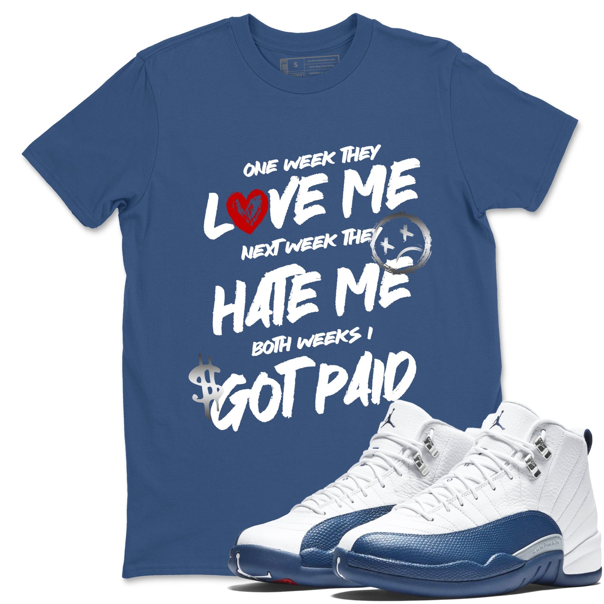 I Got Paid sneaker match t-shirt styled to complete your fit with the Air Jordan 12 French Blue sneakers, shown in Denim Blue 1.