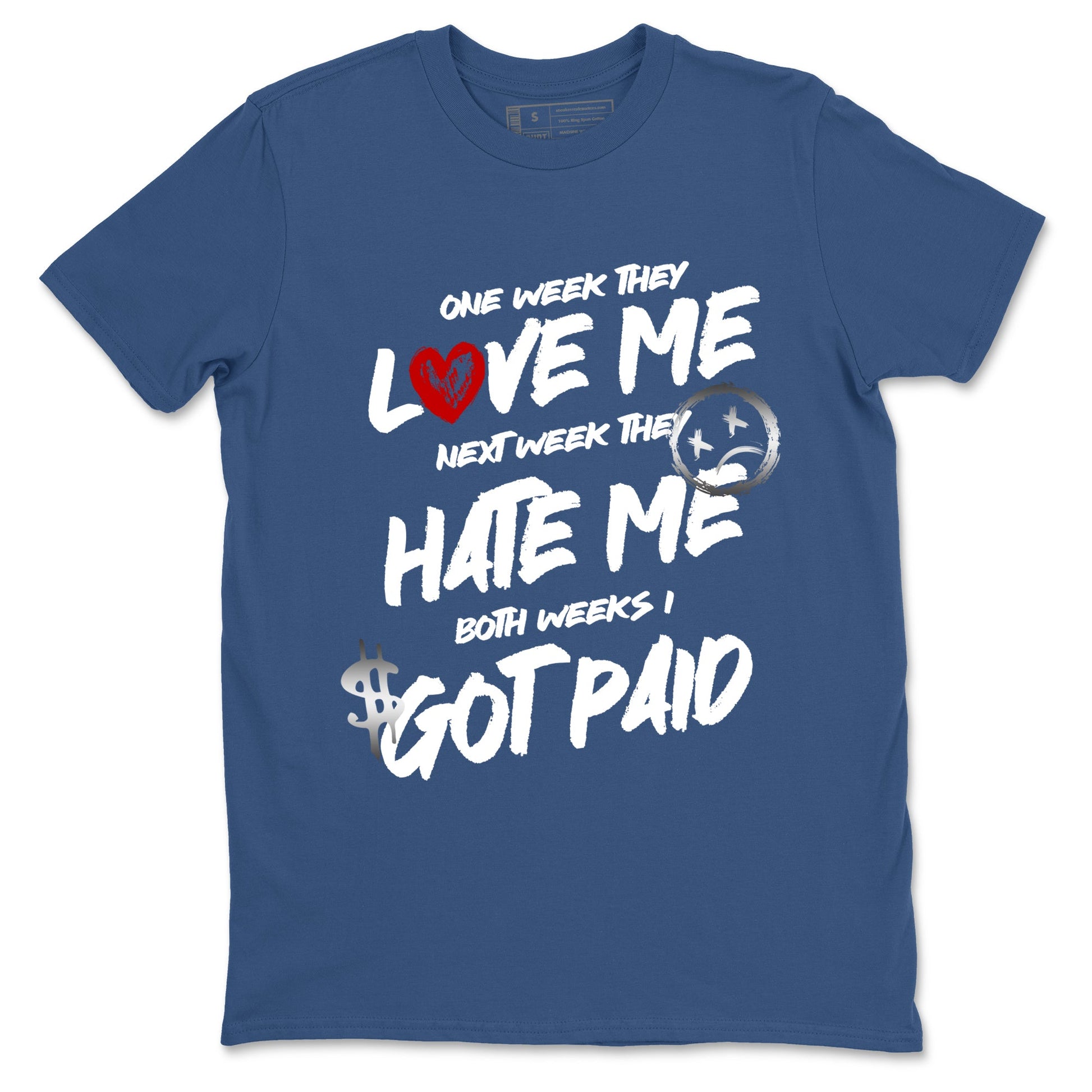 I Got Paid sneaker match t-shirt styled to complete your fit with the Air Jordan 12 French Blue sneakers, shown in Denim Blue 2.