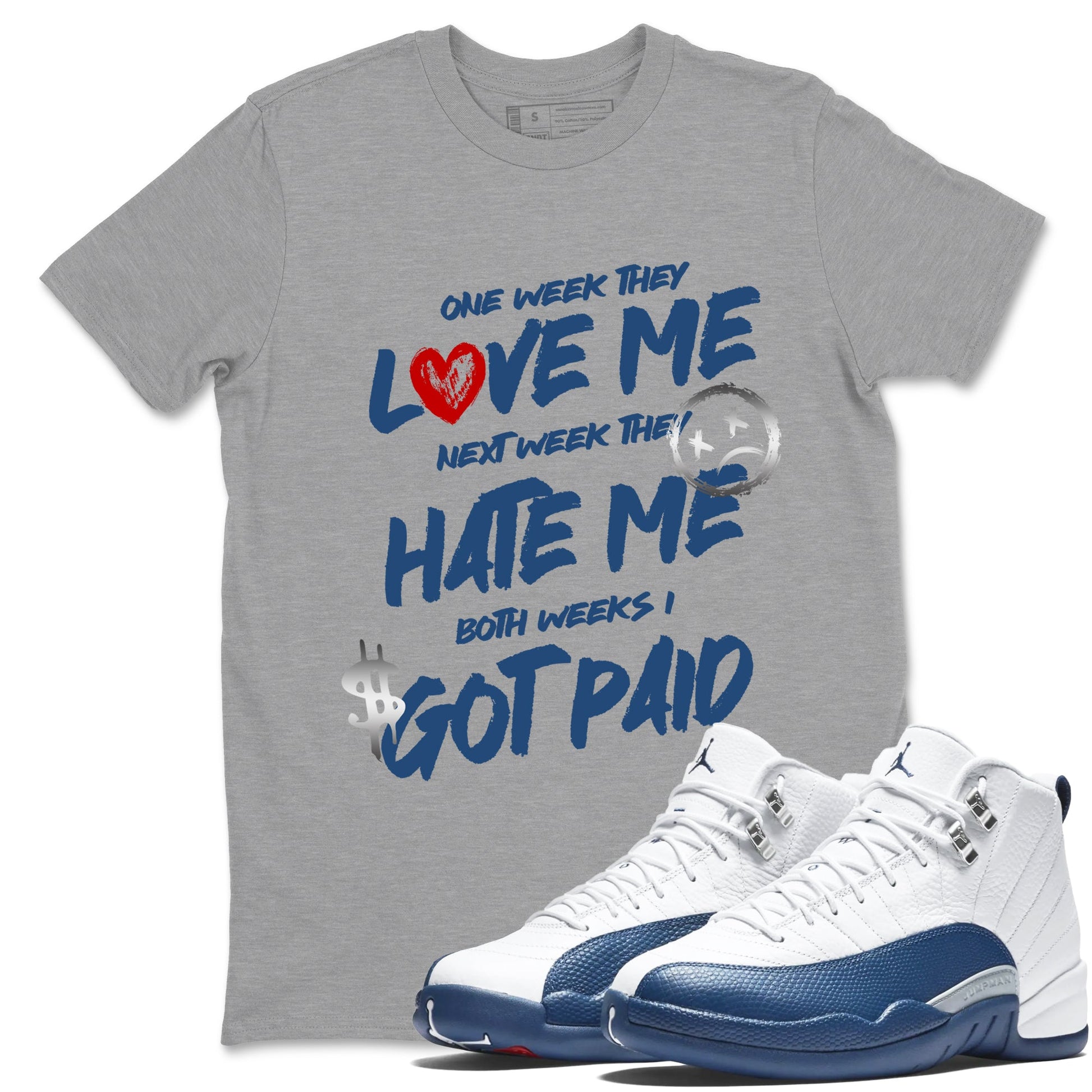 I Got Paid sneaker match t-shirt styled to complete your fit with the Air Jordan 12 French Blue sneakers, shown in Heather Grey 1.