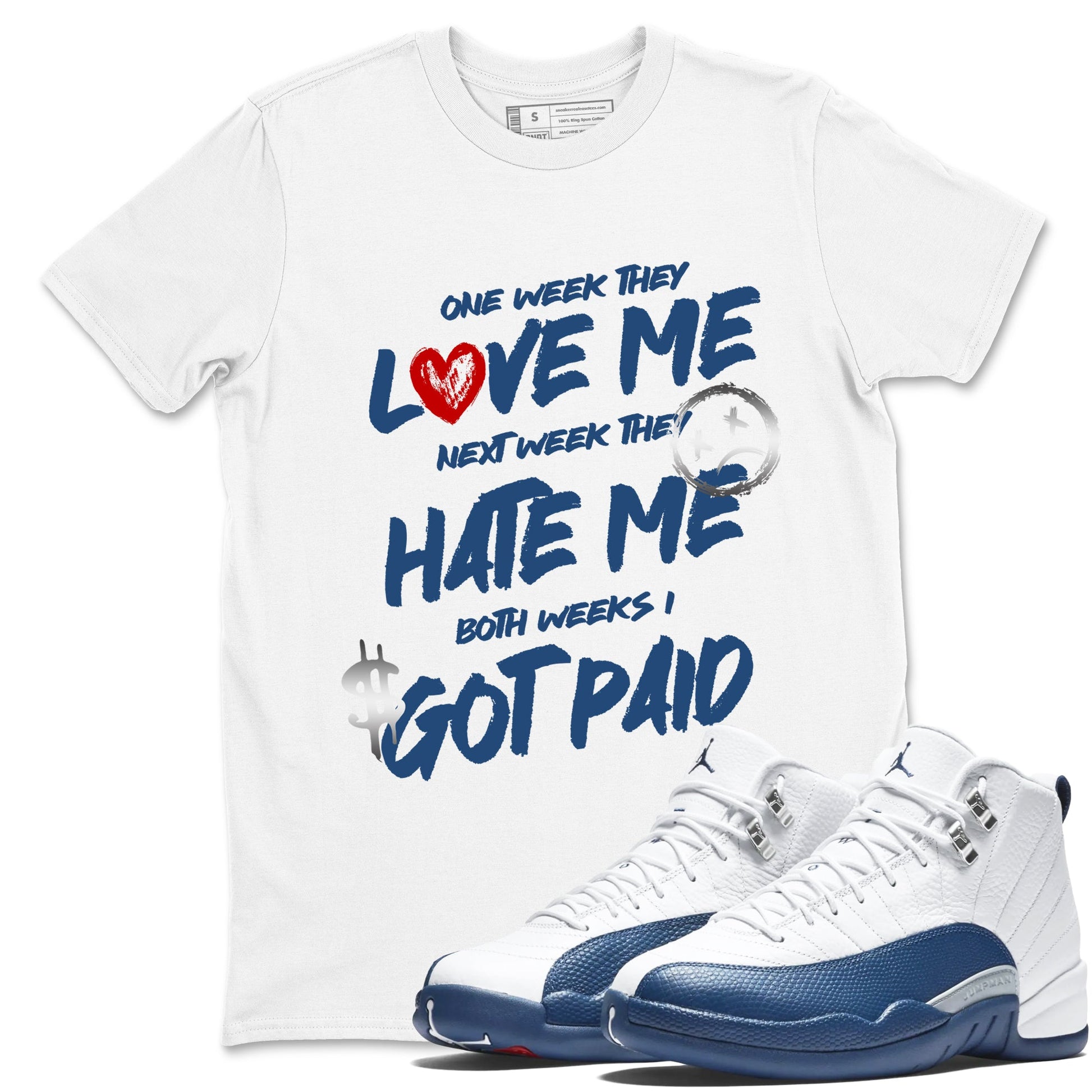 I Got Paid sneaker match t-shirt styled to complete your fit with the Air Jordan 12 French Blue sneakers, shown in White 1.