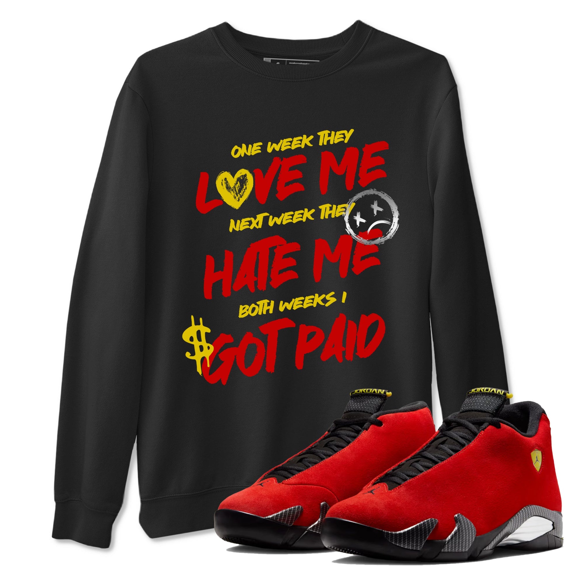 I Got Paid sneaker match t-shirt styled to complete your fit with the Air Jordan 14 Challenge Red sneakers, AJ14 Ferrari, shown in Black 1.