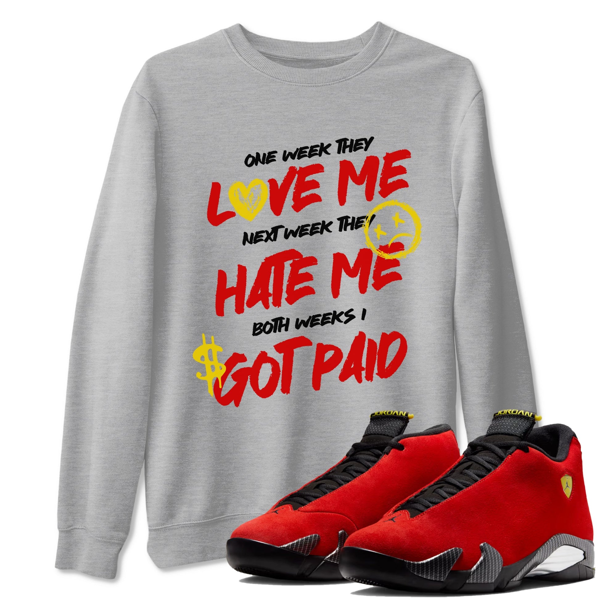 I Got Paid sneaker match t-shirt styled to complete your fit with the Air Jordan 14 Challenge Red sneakers, AJ14 Ferrari, shown in Heather Grey 1.