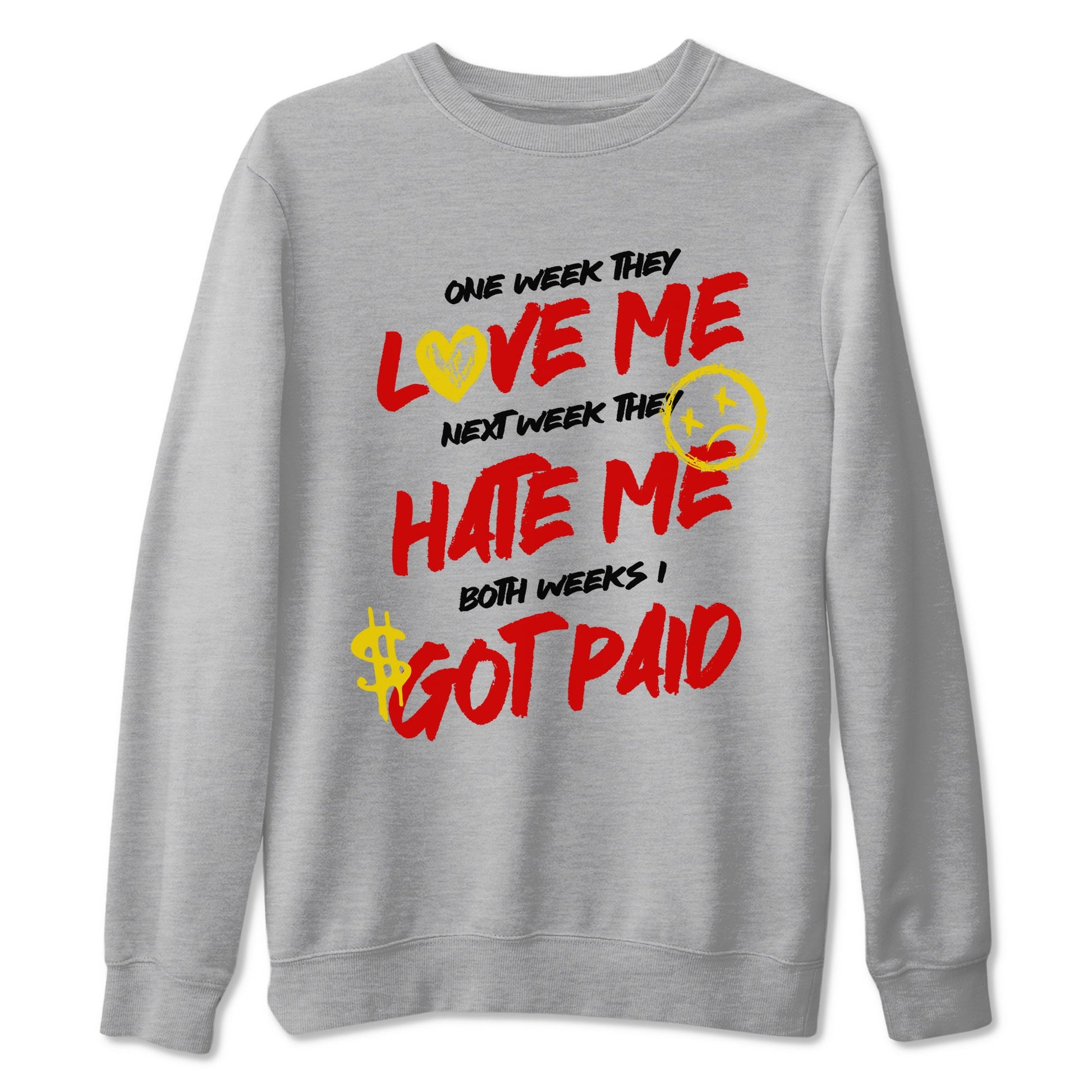 I Got Paid sneaker match t-shirt styled to complete your fit with the Air Jordan 14 Challenge Red sneakers, AJ14 Ferrari, shown in Heather Grey 2.