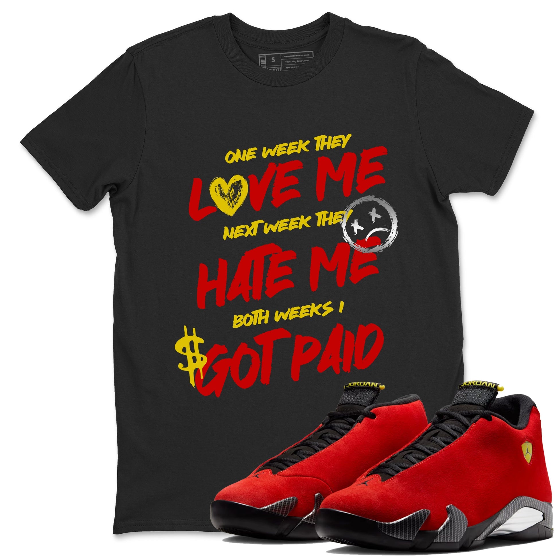 I Got Paid sneaker match t-shirt styled to complete your fit with the Air Jordan 14 Challenge Red sneakers, AJ14 Ferrari, shown in Black 1.