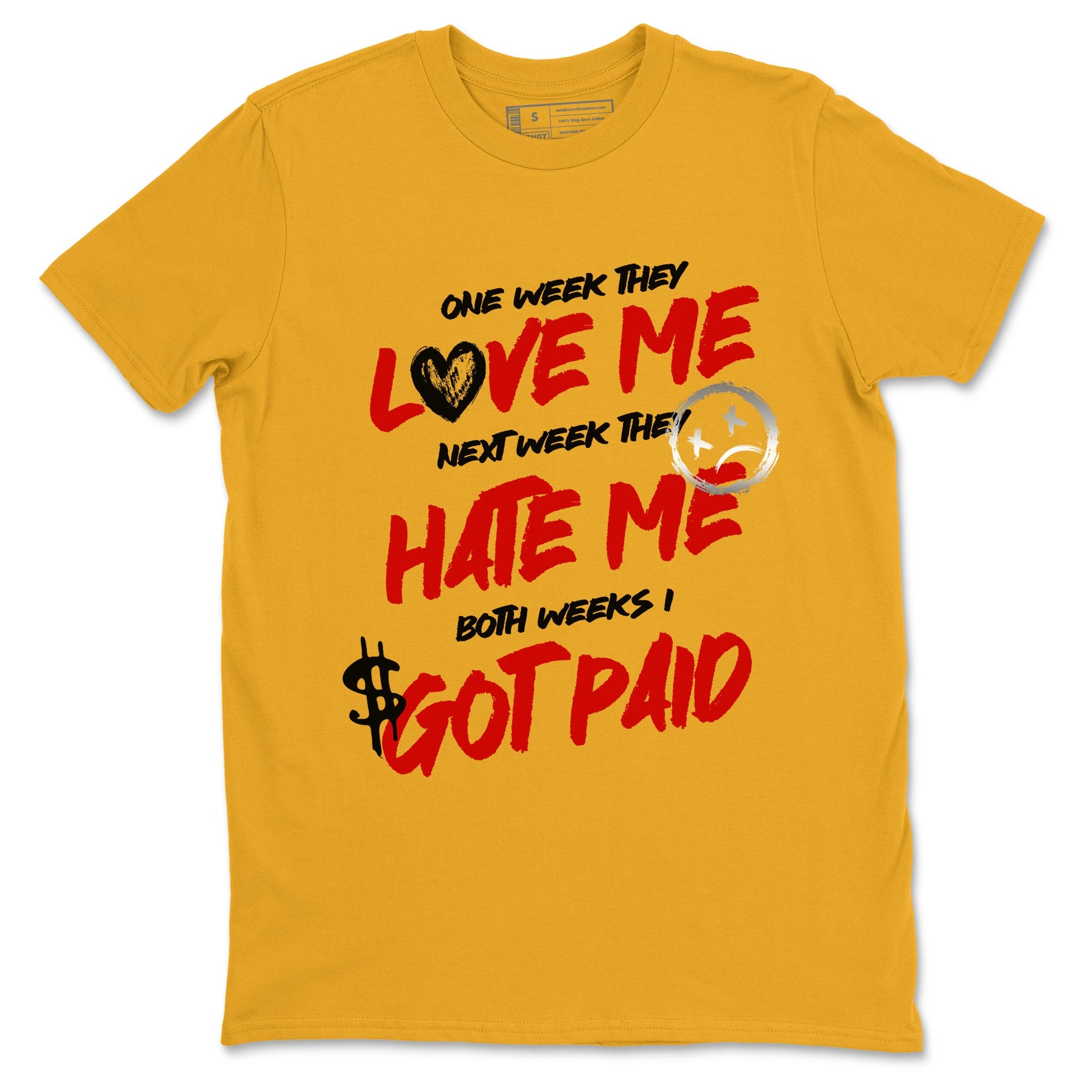 I Got Paid sneaker match t-shirt styled to complete your fit with the Air Jordan 14 Challenge Red sneakers, AJ14 Ferrari, shown in Gold 2.