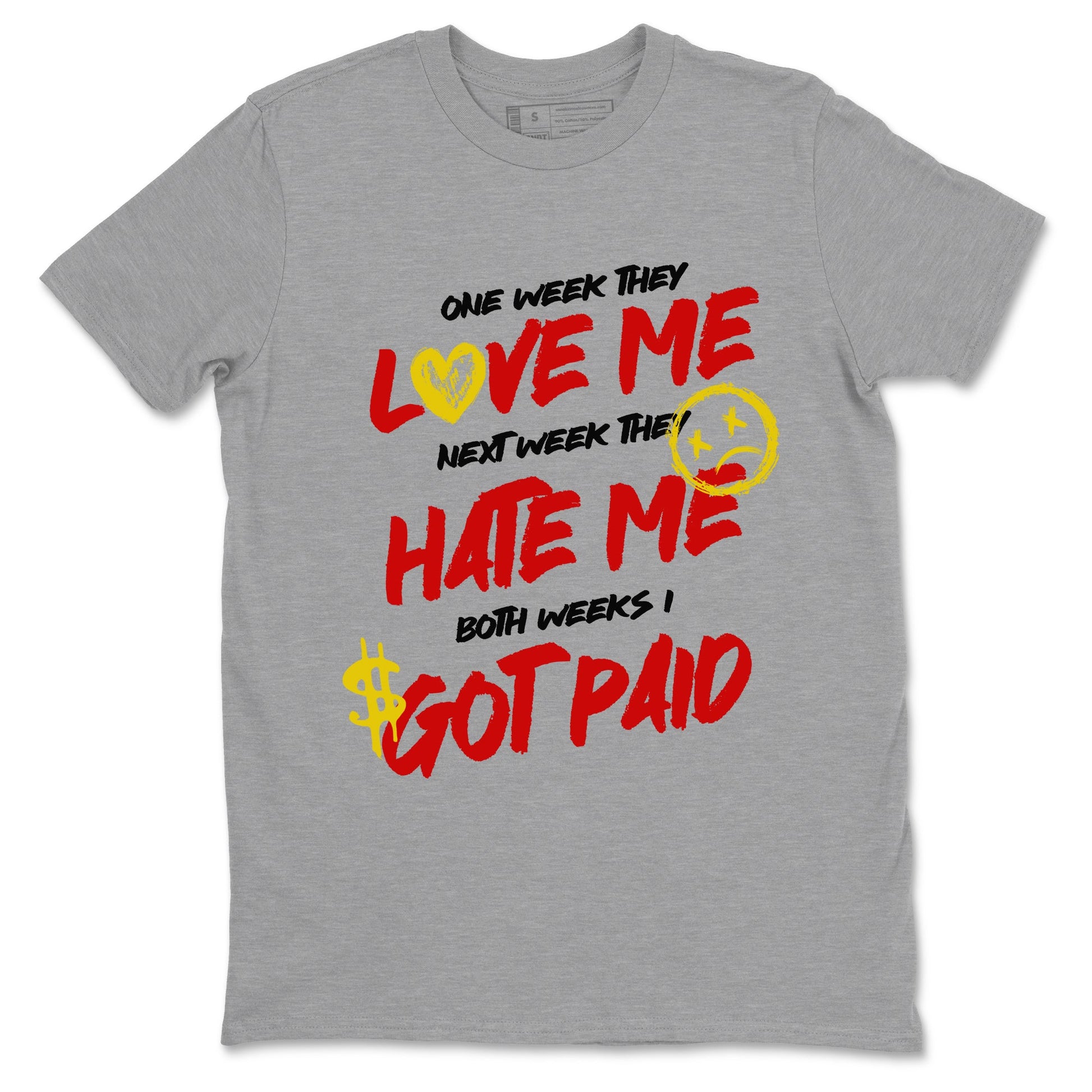 I Got Paid sneaker match t-shirt styled to complete your fit with the Air Jordan 14 Challenge Red sneakers, AJ14 Ferrari, shown in Heather Grey 2.