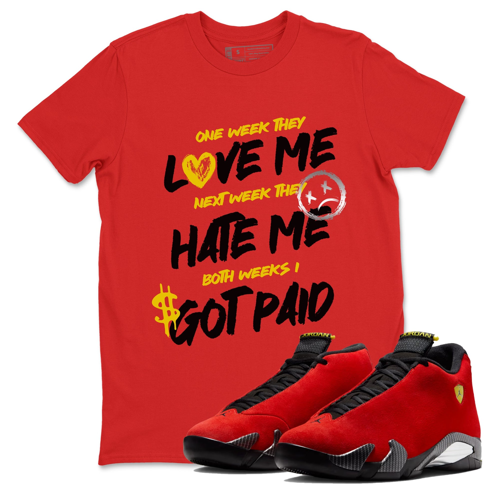 I Got Paid sneaker match t-shirt styled to complete your fit with the Air Jordan 14 Challenge Red sneakers, AJ14 Ferrari, shown in Red 1.