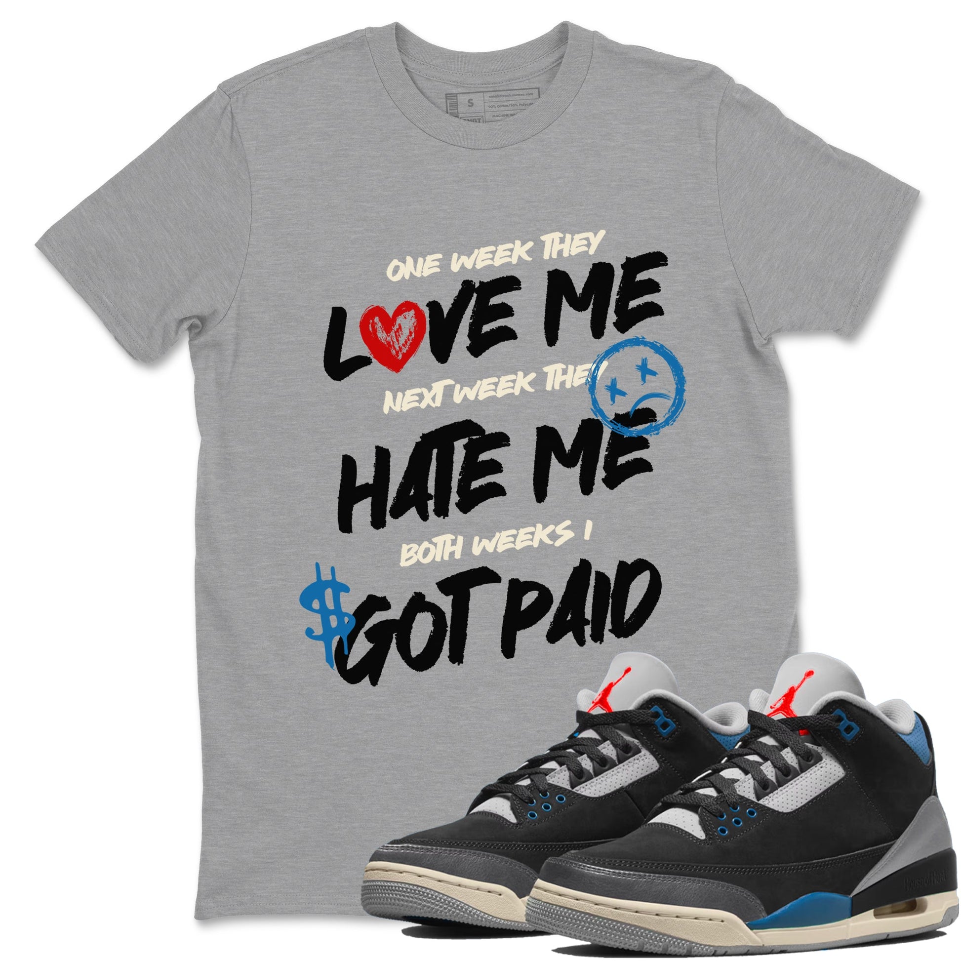 I Got Paid sneaker match t-shirt styled to complete your fit with the Air Jordan 3 Rare Air sneakers, shown in Heather Grey 1.