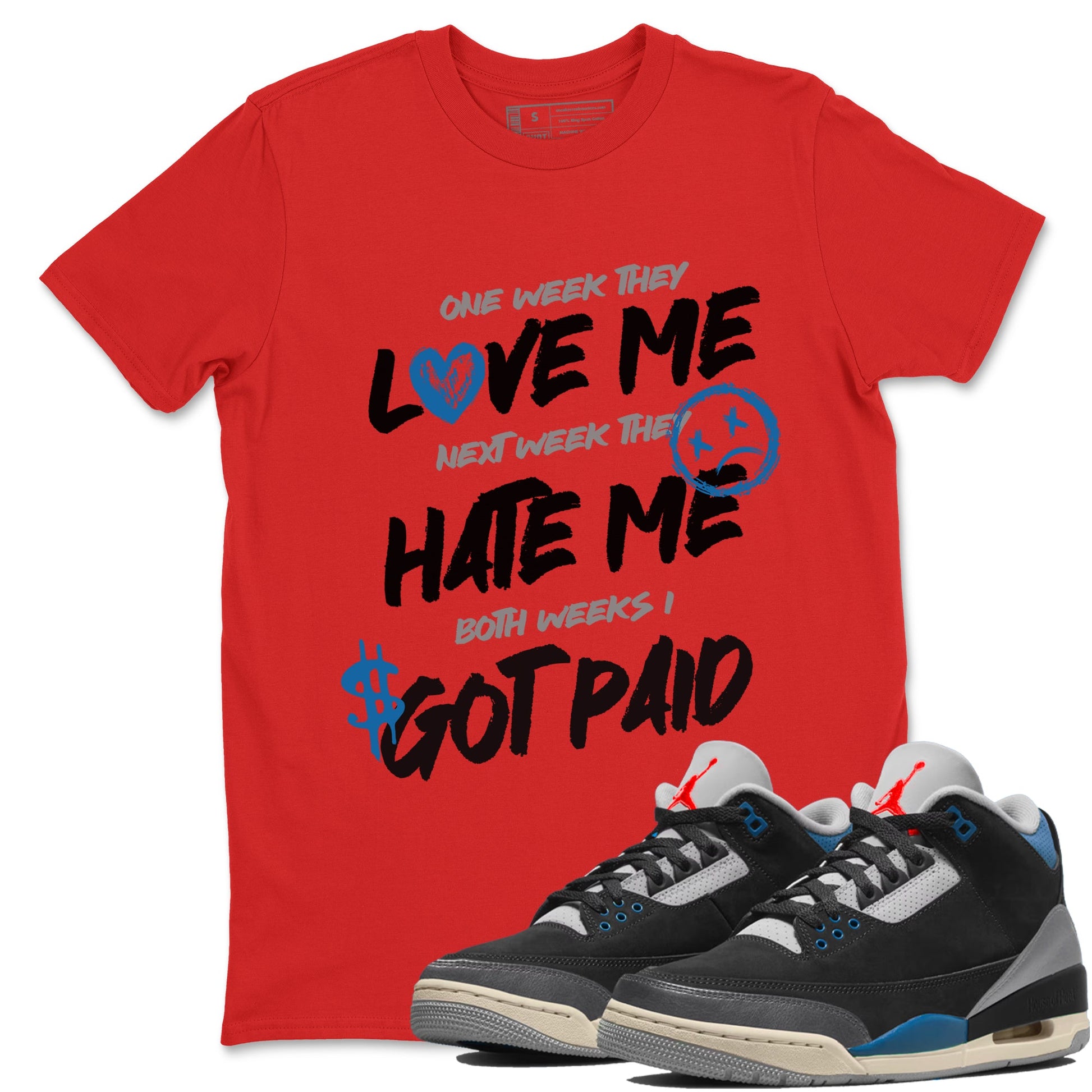 I Got Paid sneaker match t-shirt styled to complete your fit with the Air Jordan 3 Rare Air sneakers, shown in Red 1.