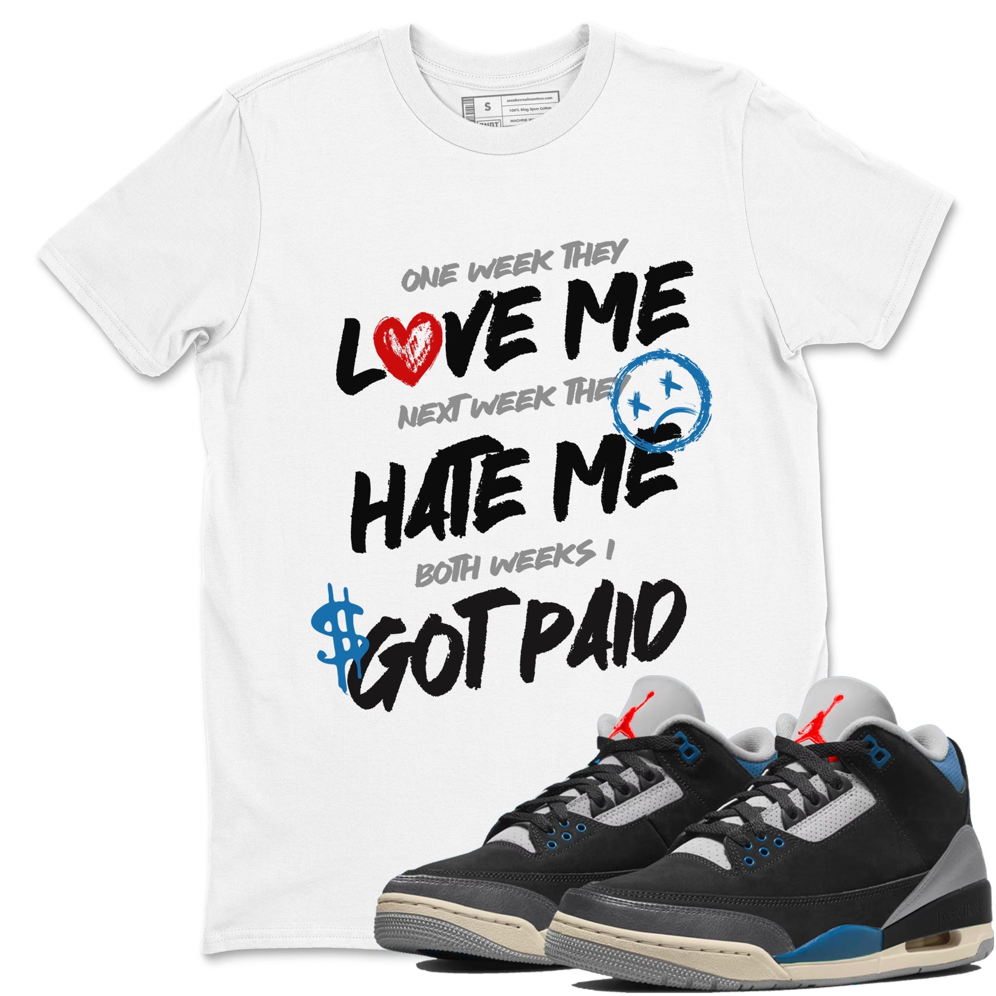 I Got Paid sneaker match t-shirt styled to complete your fit with the Air Jordan 3 Rare Air sneakers, shown in White 1.