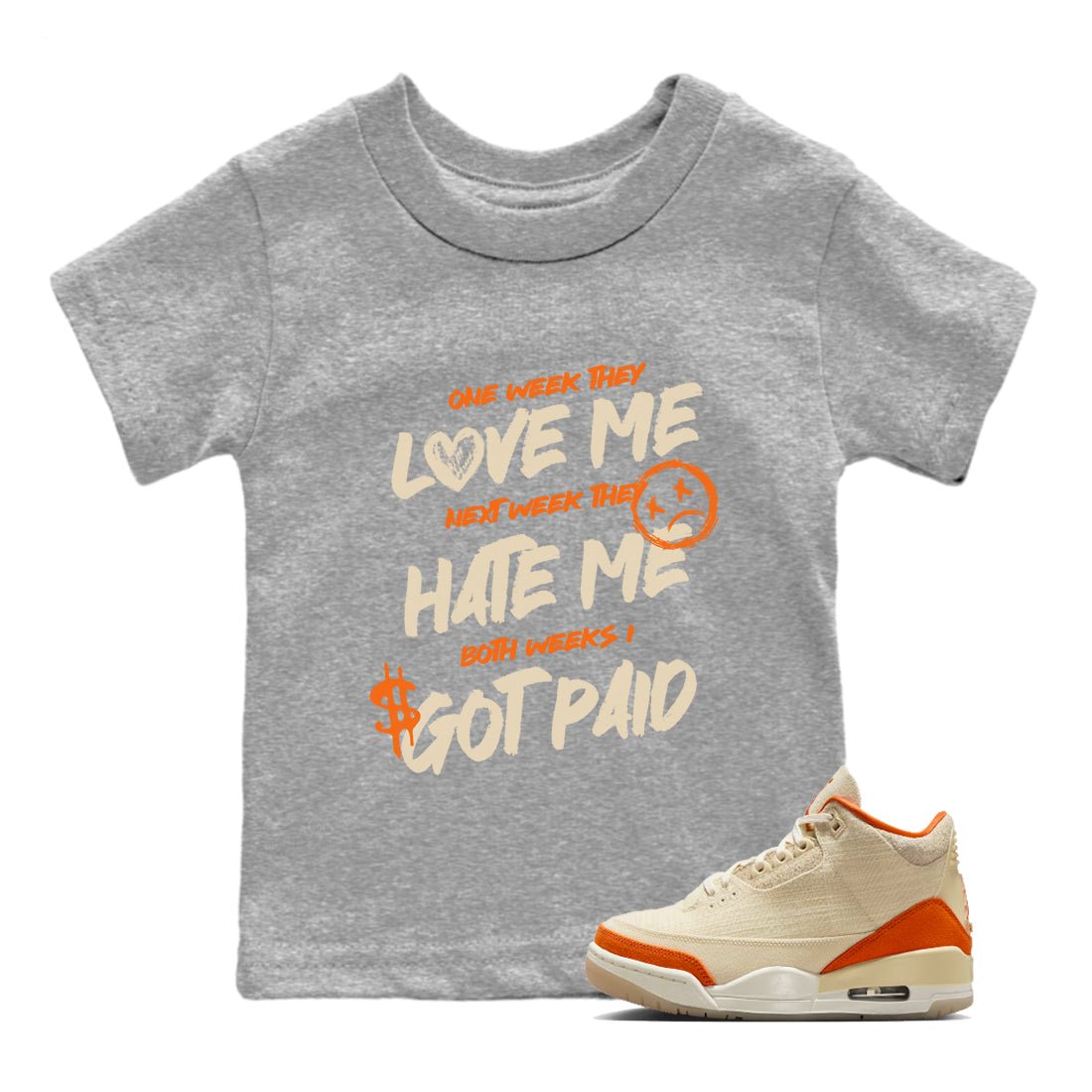 I Got Paid baby and kids t-shirt crafted for little sneakerheads to shine with the Air Jordan 3 Starfish sneakers, displayed in Heather Grey 1.