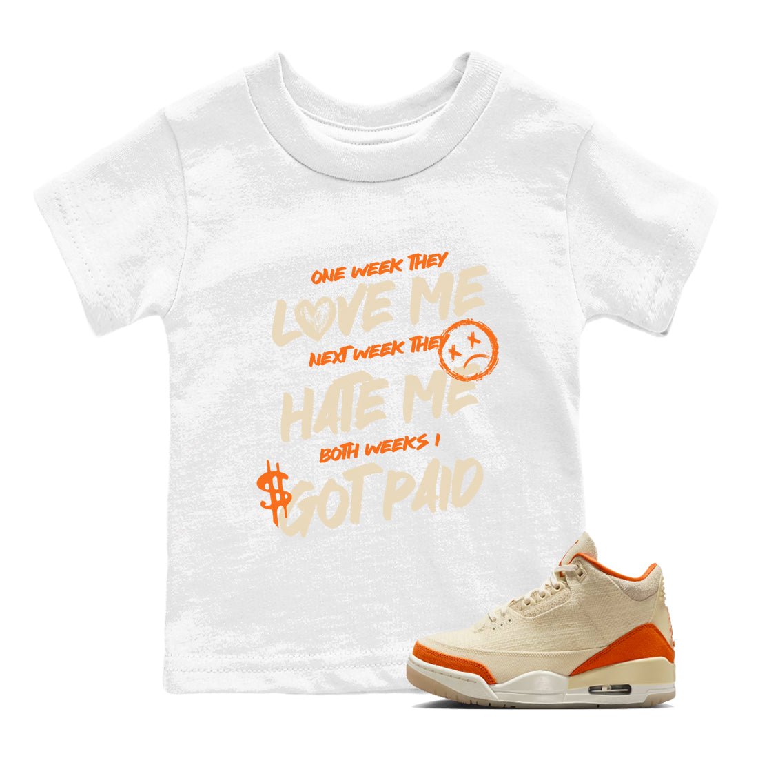 I Got Paid baby and kids t-shirt crafted for little sneakerheads to shine with the Air Jordan 3 Starfish sneakers, displayed in White 1.