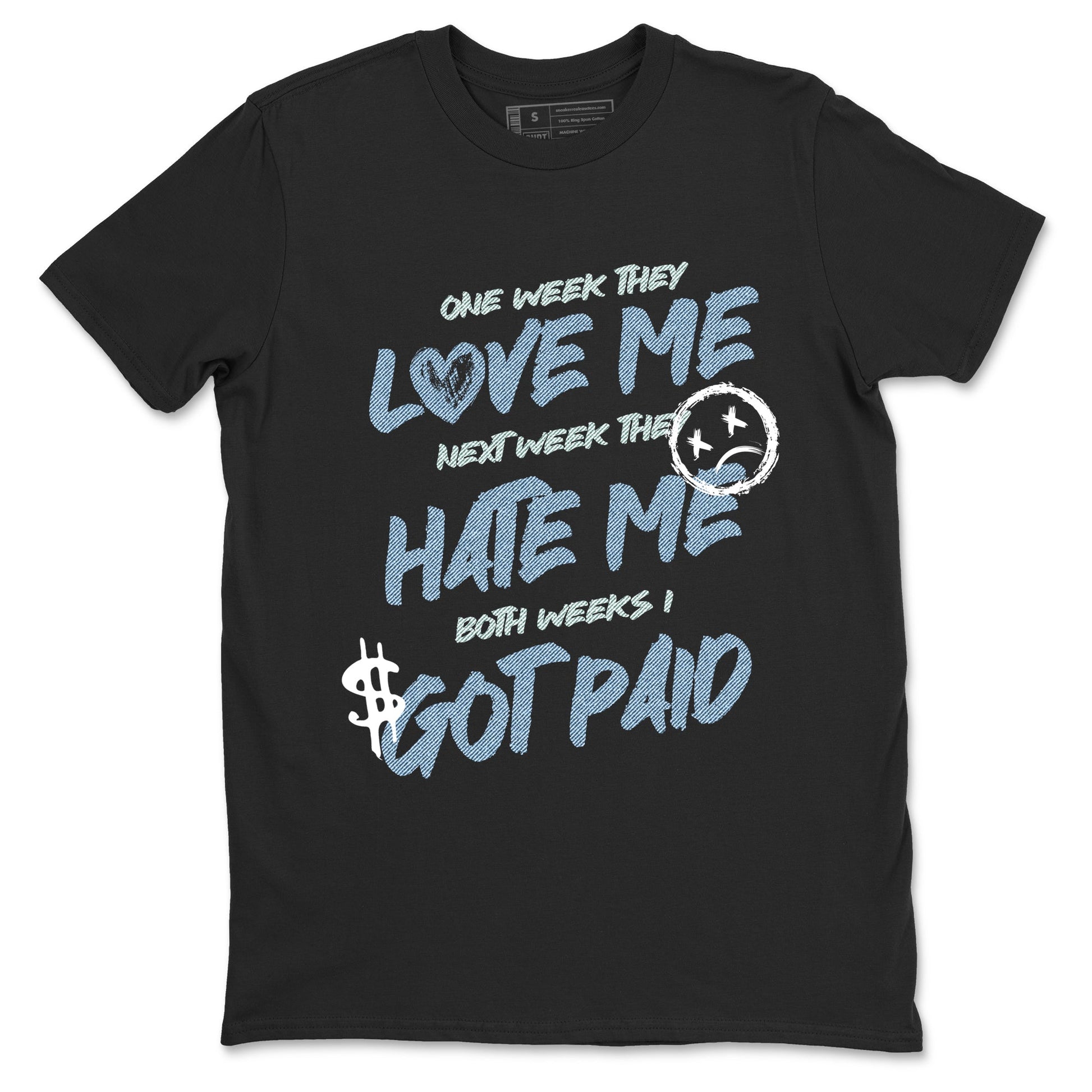 Sneaker match tees – Sneaker Tees To Match 4s Worn Blue Air Jordan 4 Denim Shoes – I Got Paid Tee Black 2