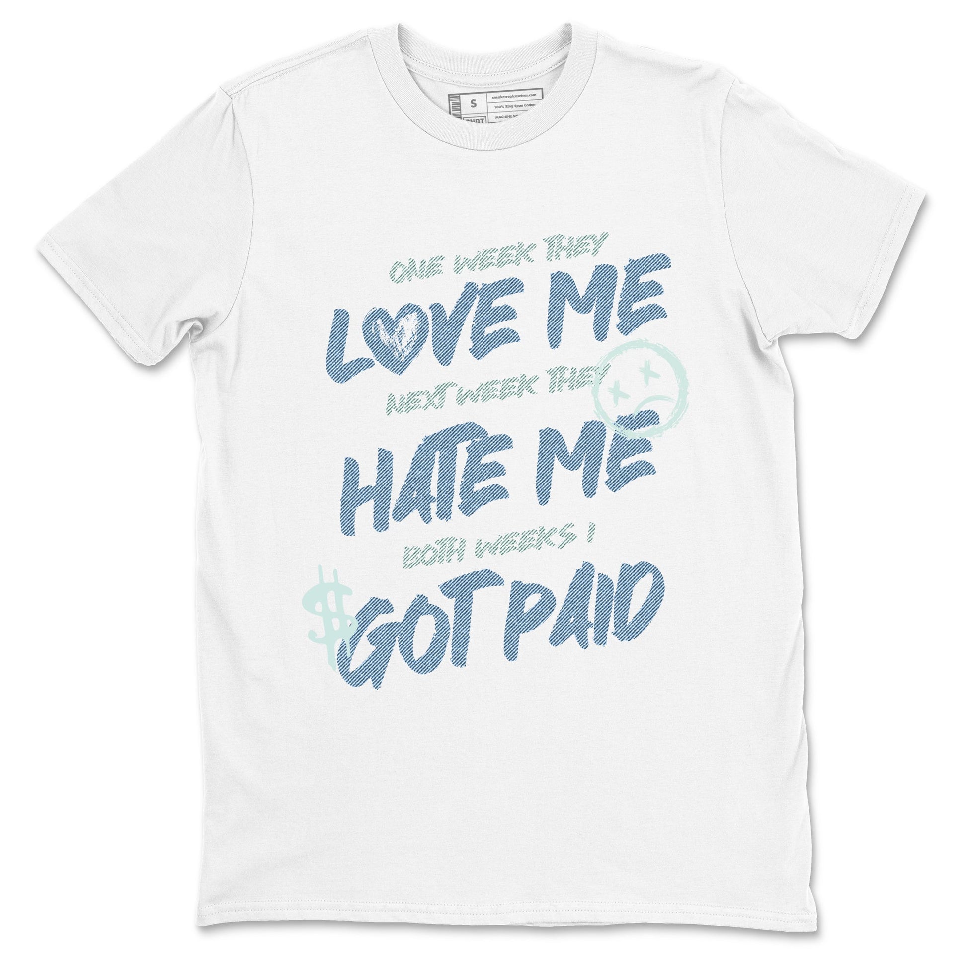 Sneaker match tees – Sneaker Tees To Match 4s Worn Blue Air Jordan 4 Denim Shoes – I Got Paid Tee White 2