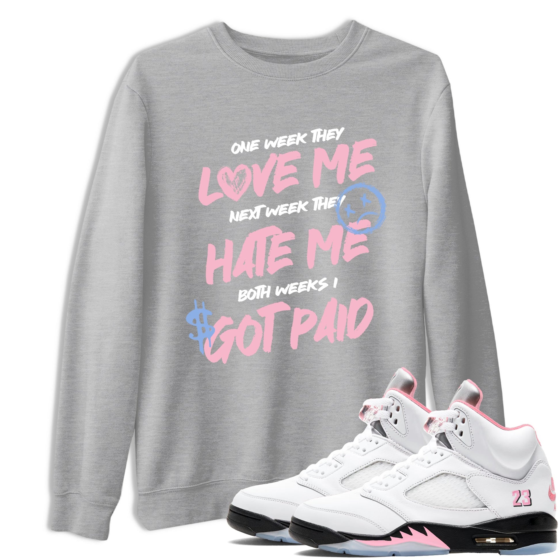 Sneaker match tees – Sneaker Tees To Match Air Jordan 5 Medium Soft Pink Shoes – I Got Paid Tee Heather Grey 1