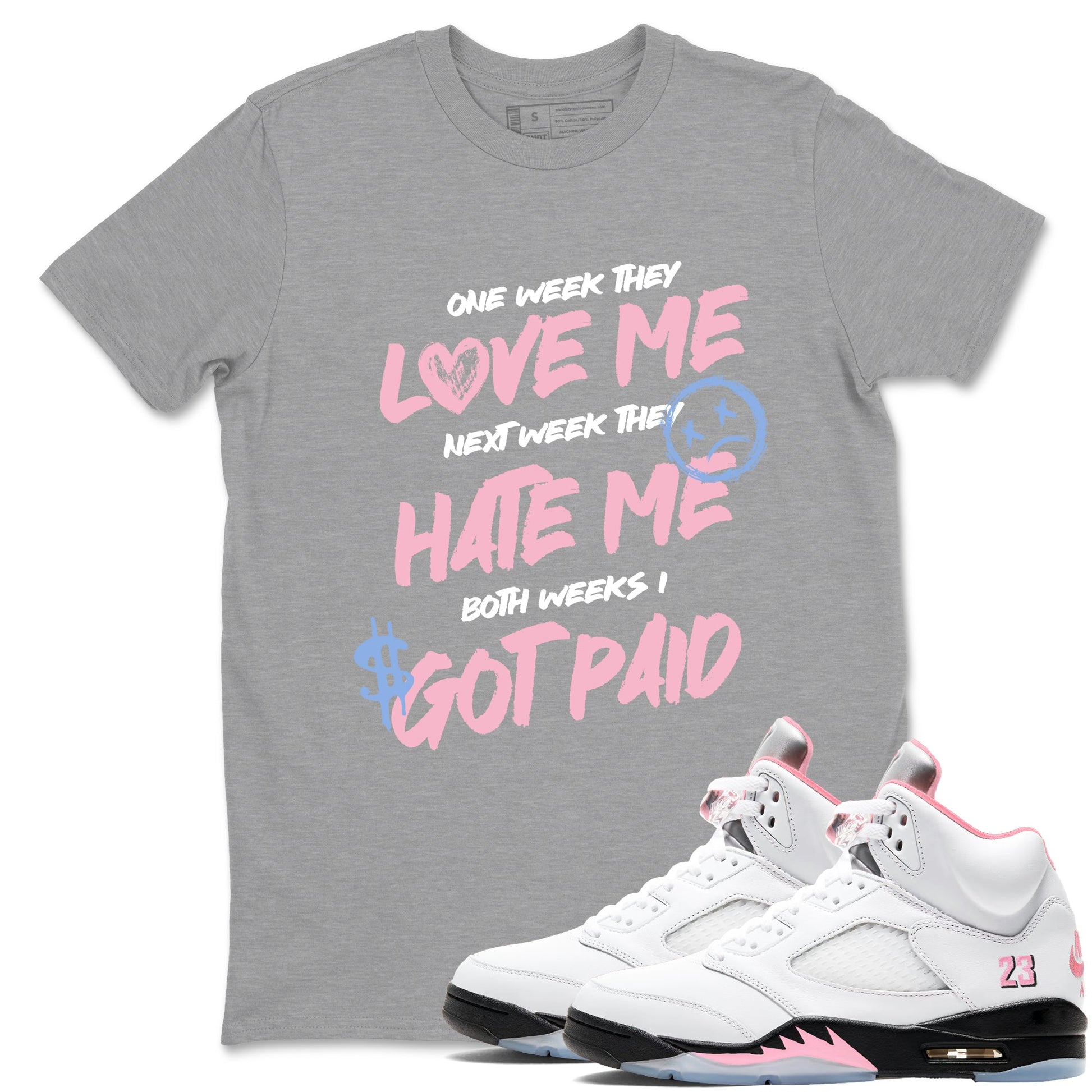 Sneaker match tees – Sneaker Tees To Match Air Jordan 5 Medium Soft Pink Shoes – I Got Paid Tee Heather Grey 1