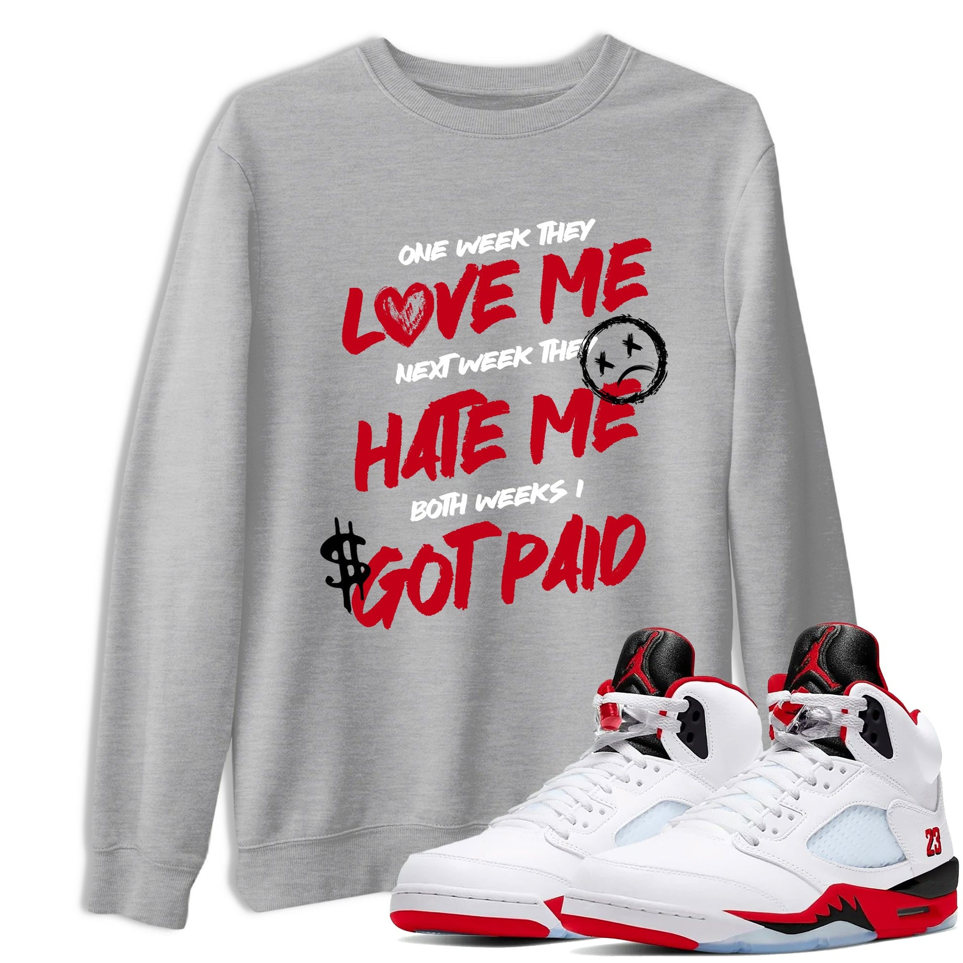 Sneaker match tees – Sneaker Tees To Match Air Jordan 5 Fire Red Shoes – I Got Paid Tee Heather Grey 1